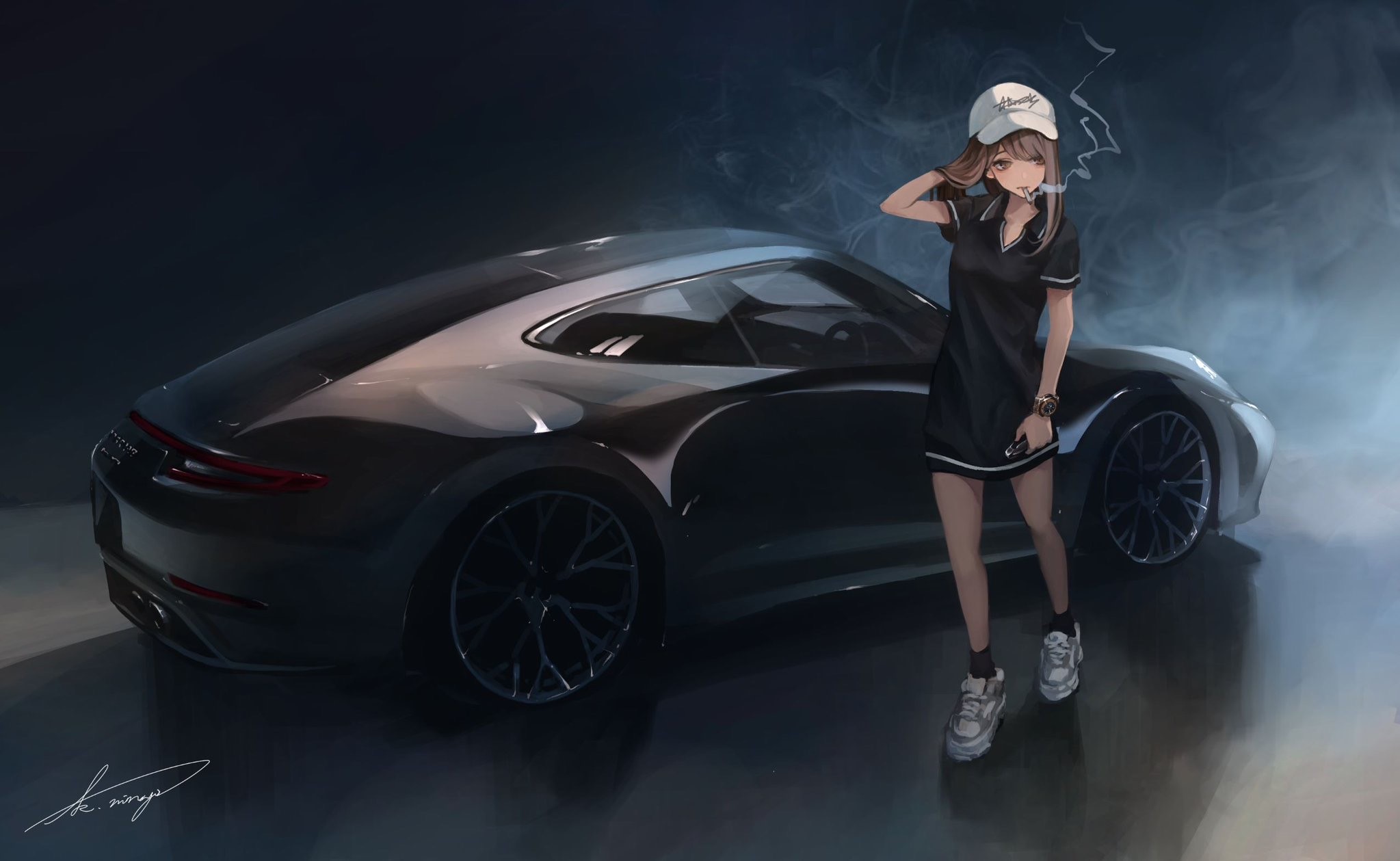 Anime girl in black dress smoking next to Porsche 911 HD Wallpaper