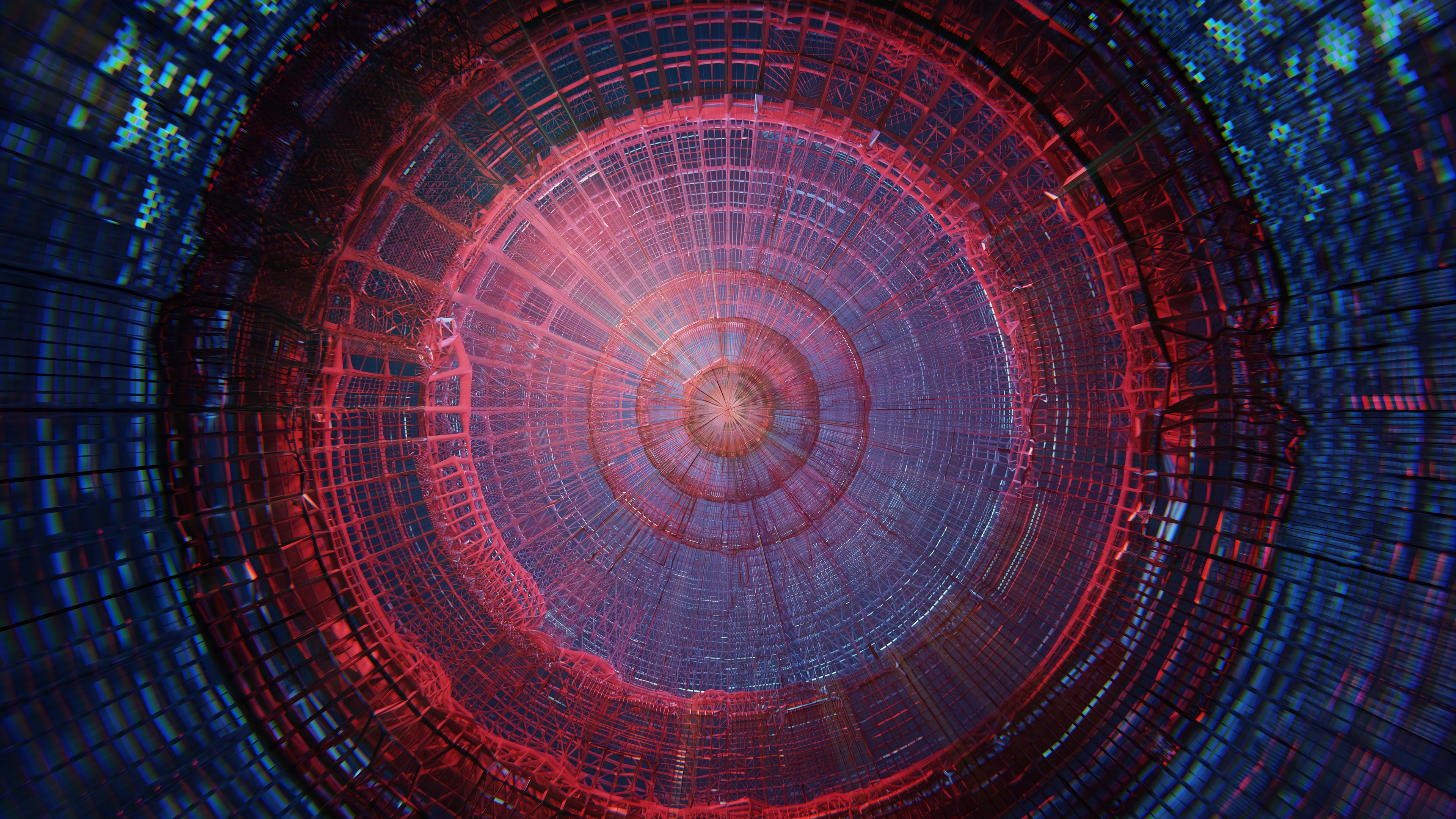 Abstract geometric tunnel with red and blue lights HD Wallpaper
