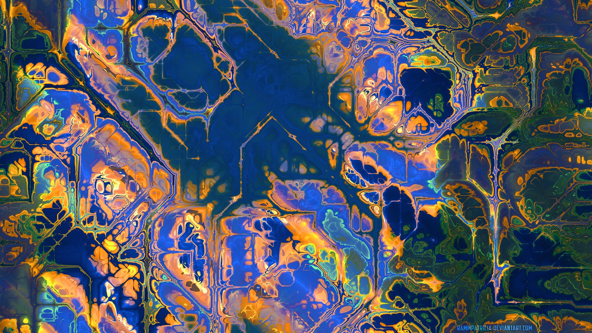 Abstract digital art with blue, orange, and green patterns HD Wallpaper