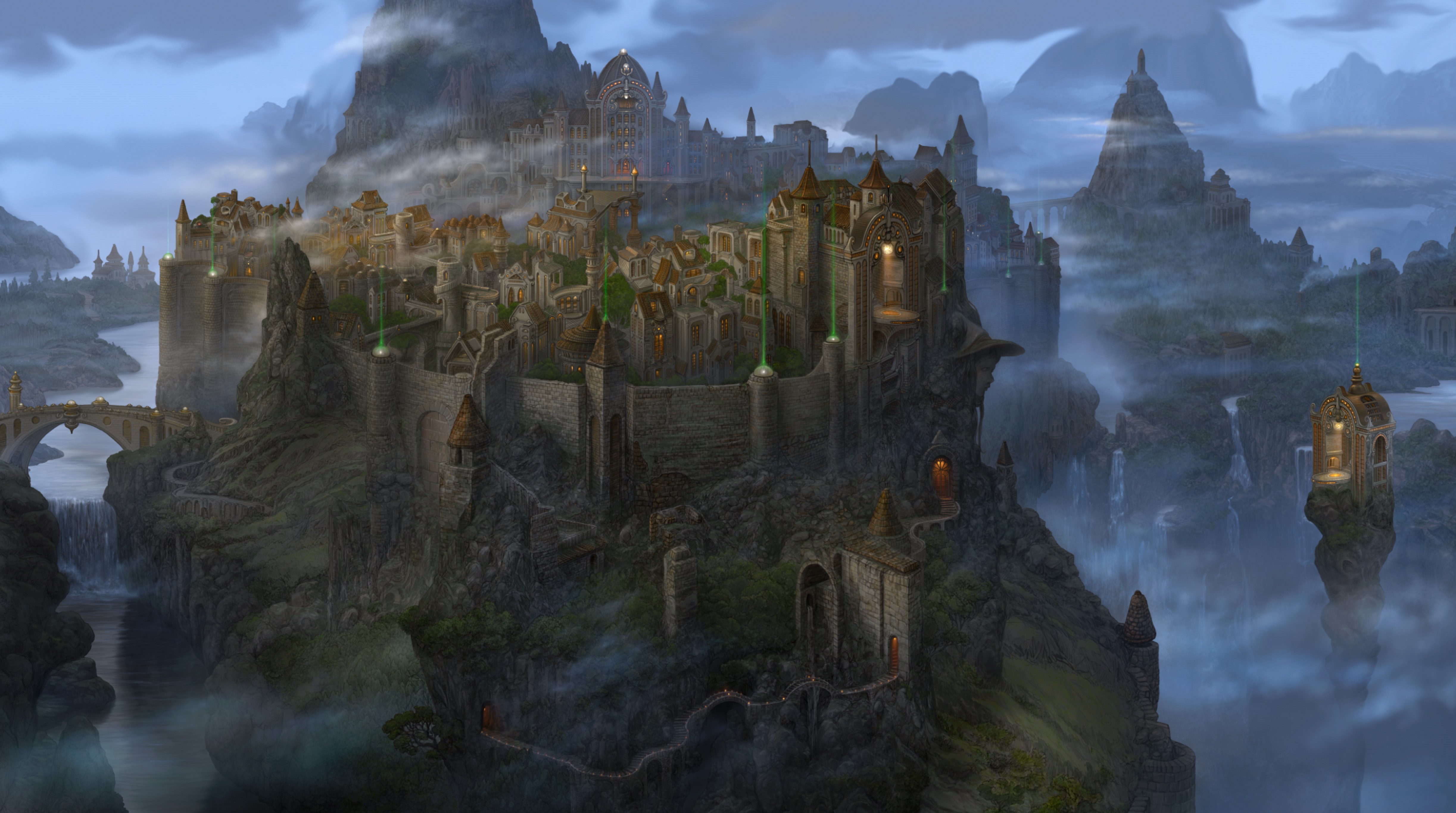 Fantasy city on a mountain with waterfalls HD Wallpaper