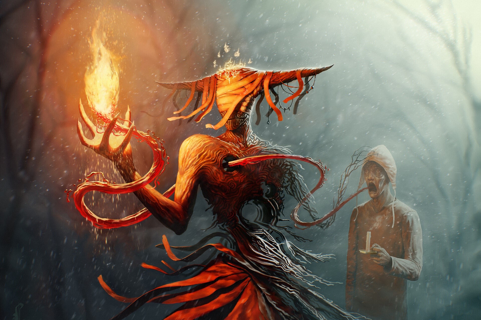 Creature holding fire with a man holding a candle HD Wallpaper