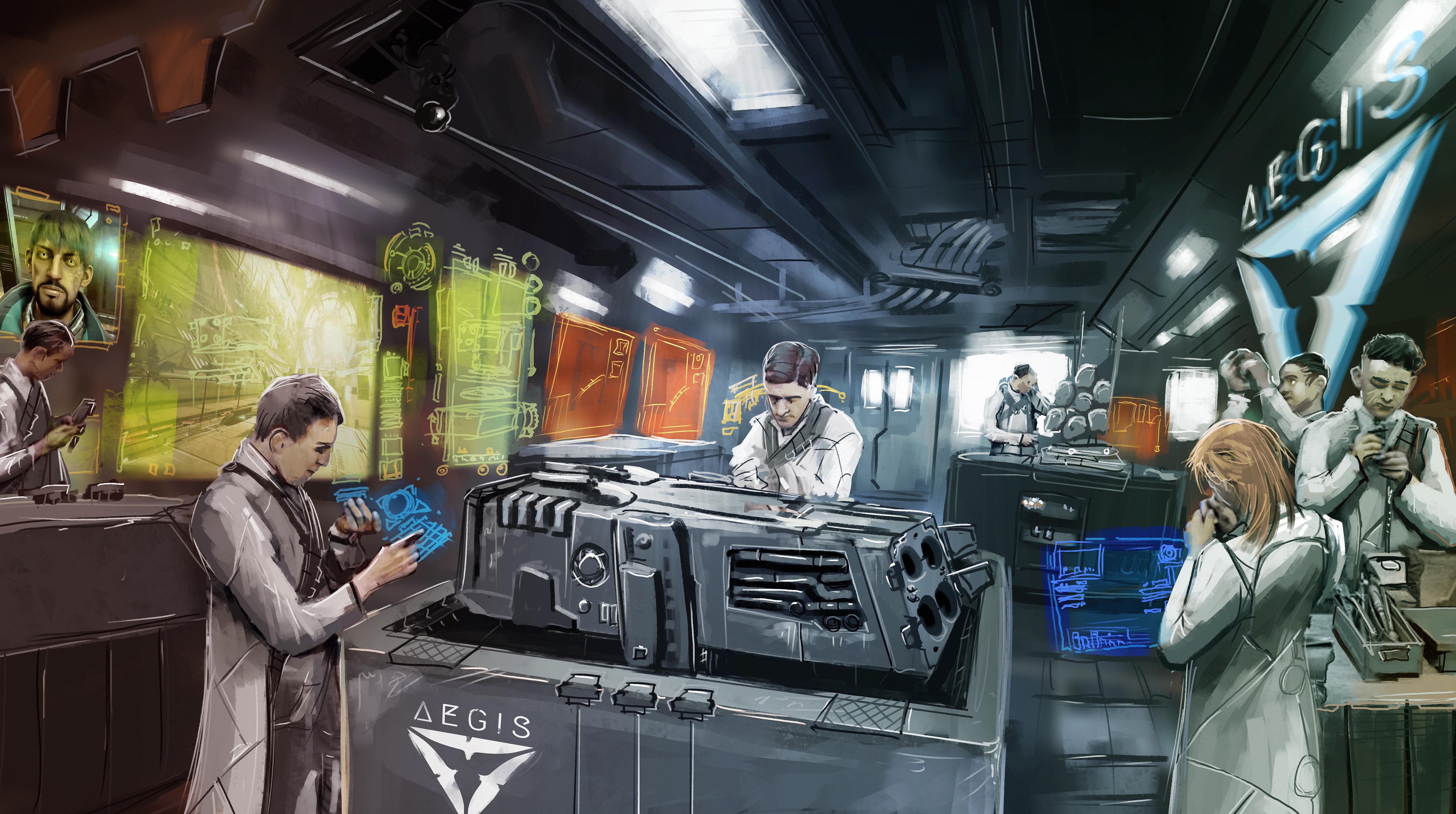 Scientists working on a large weapon in an Aegis lab HD Wallpaper