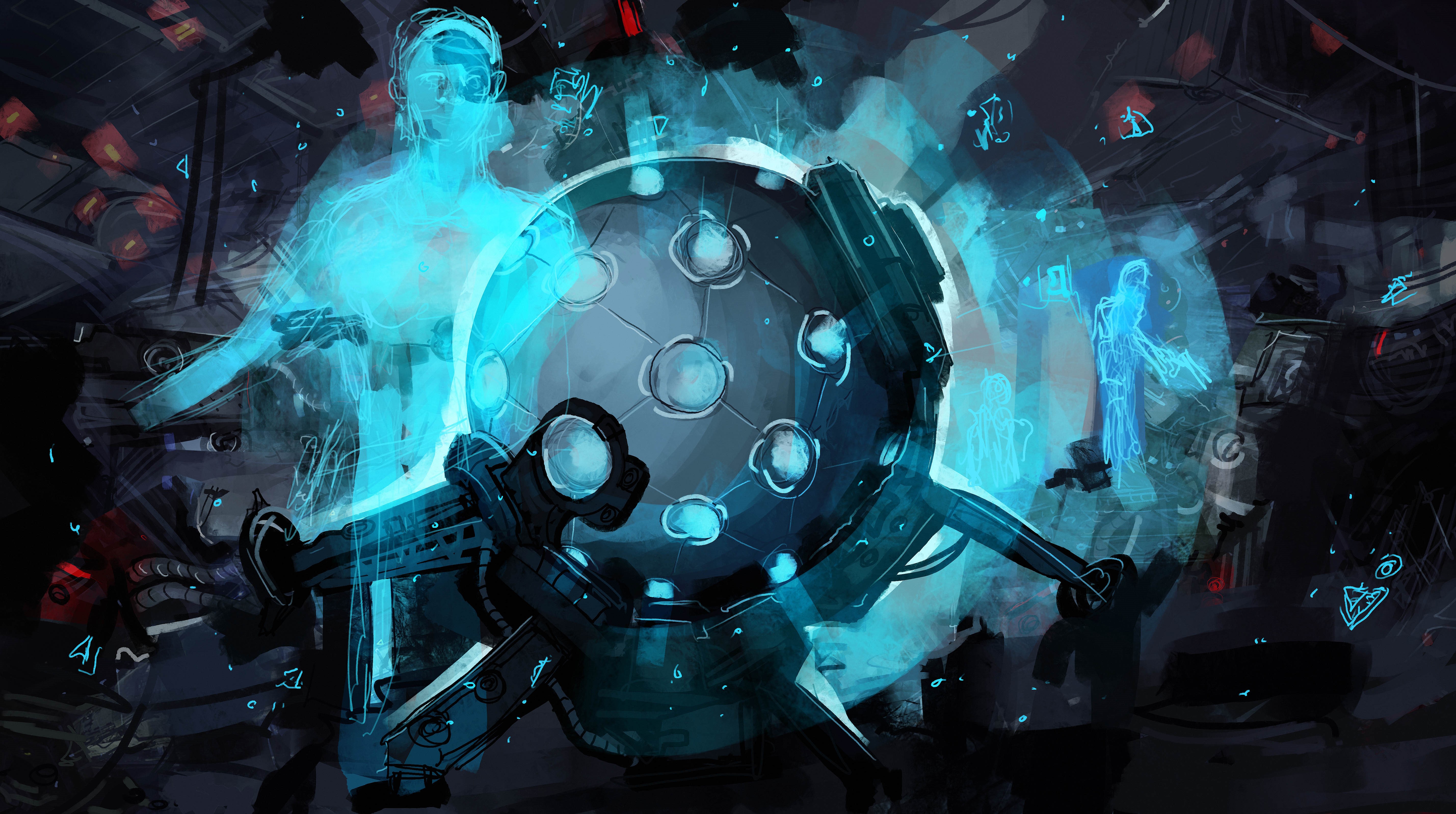 Artwork of a science fiction scene with holographic figures HD Wallpaper