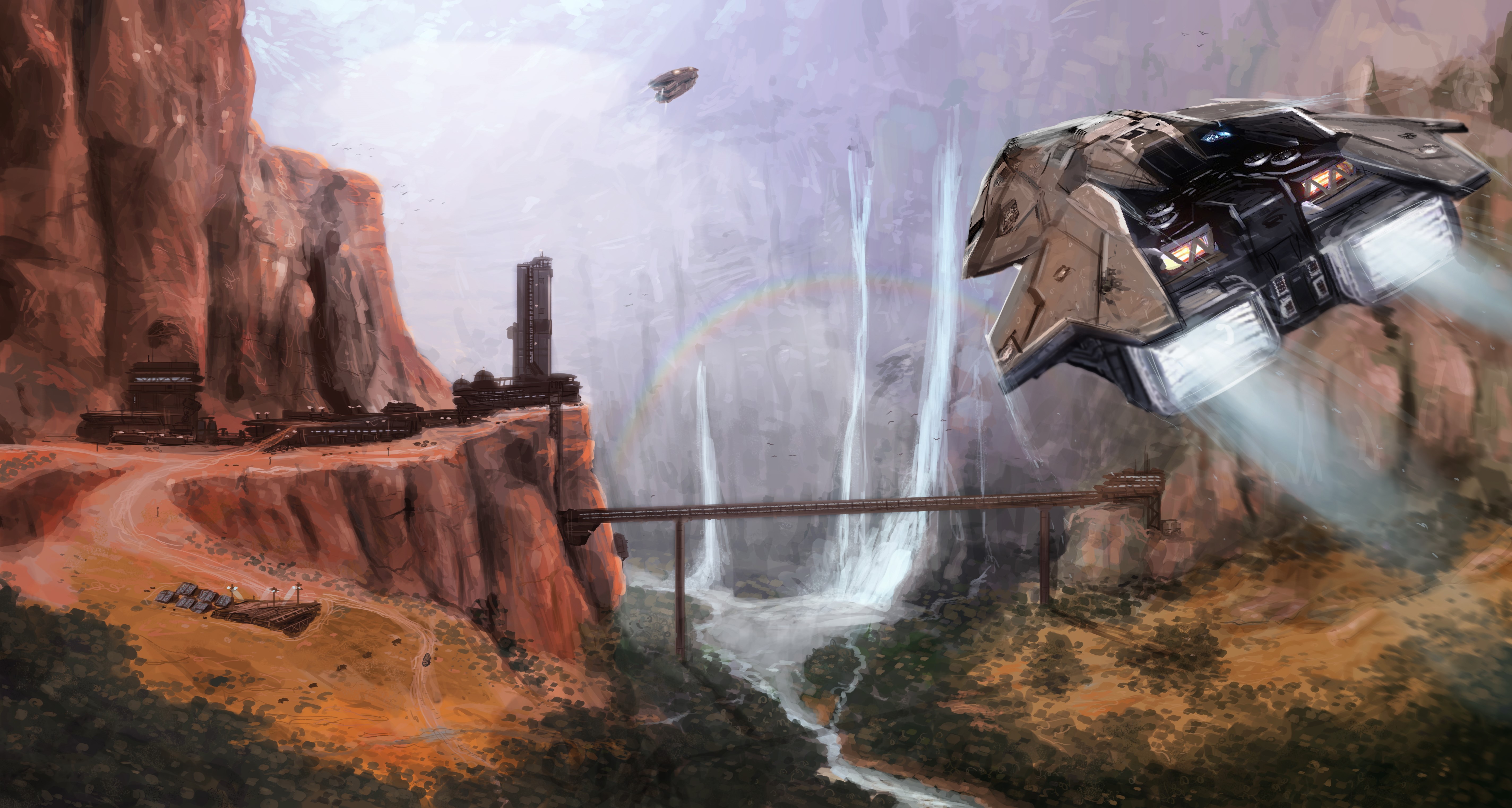 Spaceship flying over a canyon with waterfalls and settlements HD Wallpaper