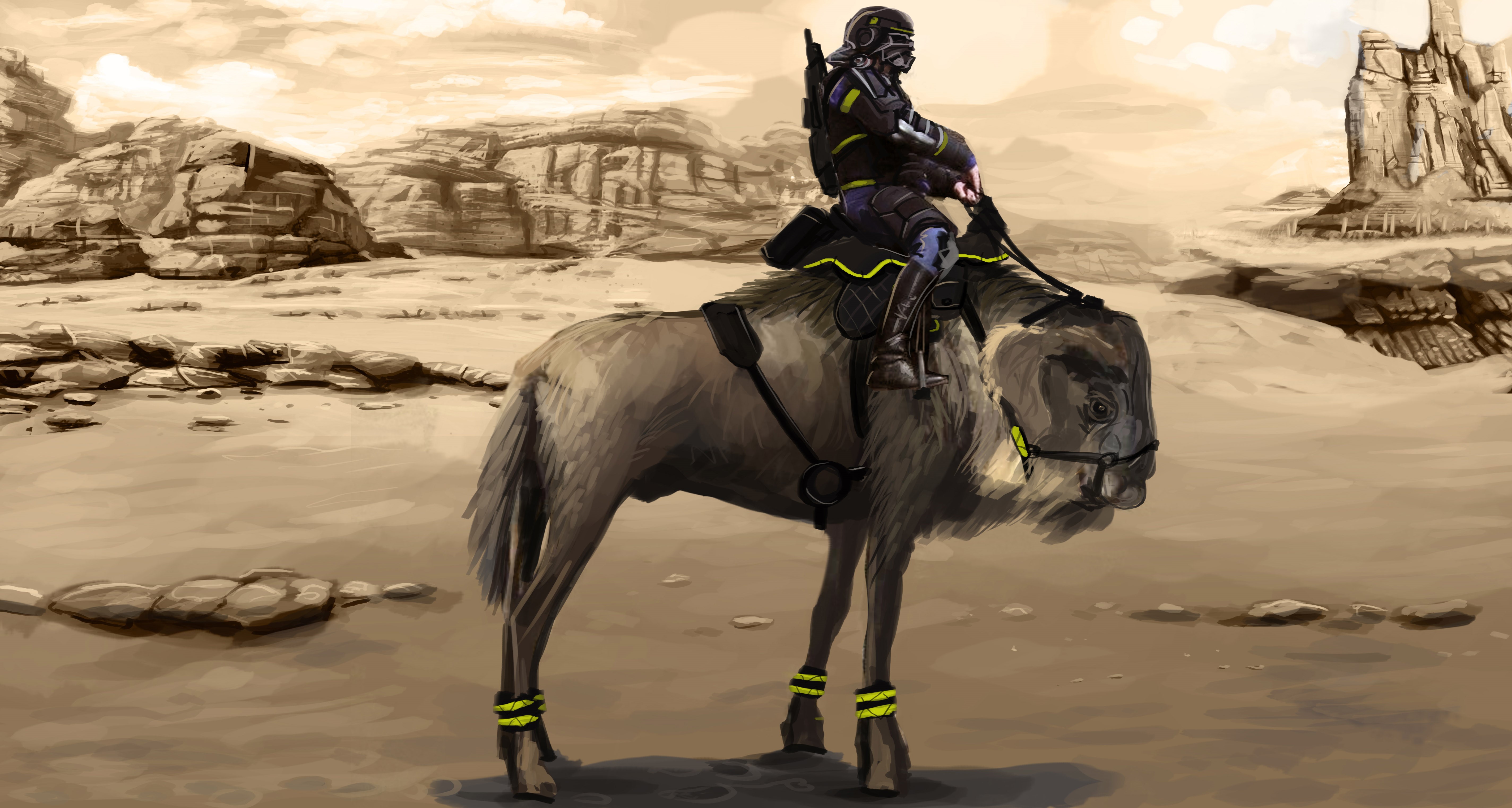 4K science fiction art of a rider on a creature in a desert HD Wallpaper