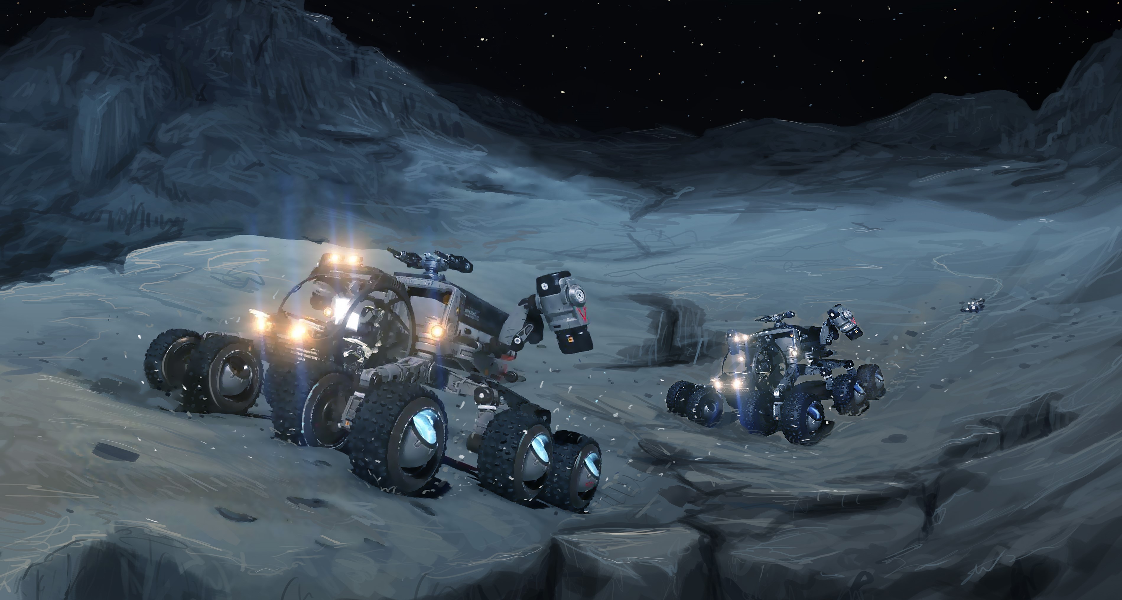 Science fiction rovers on a rocky alien planet HD Wallpaper