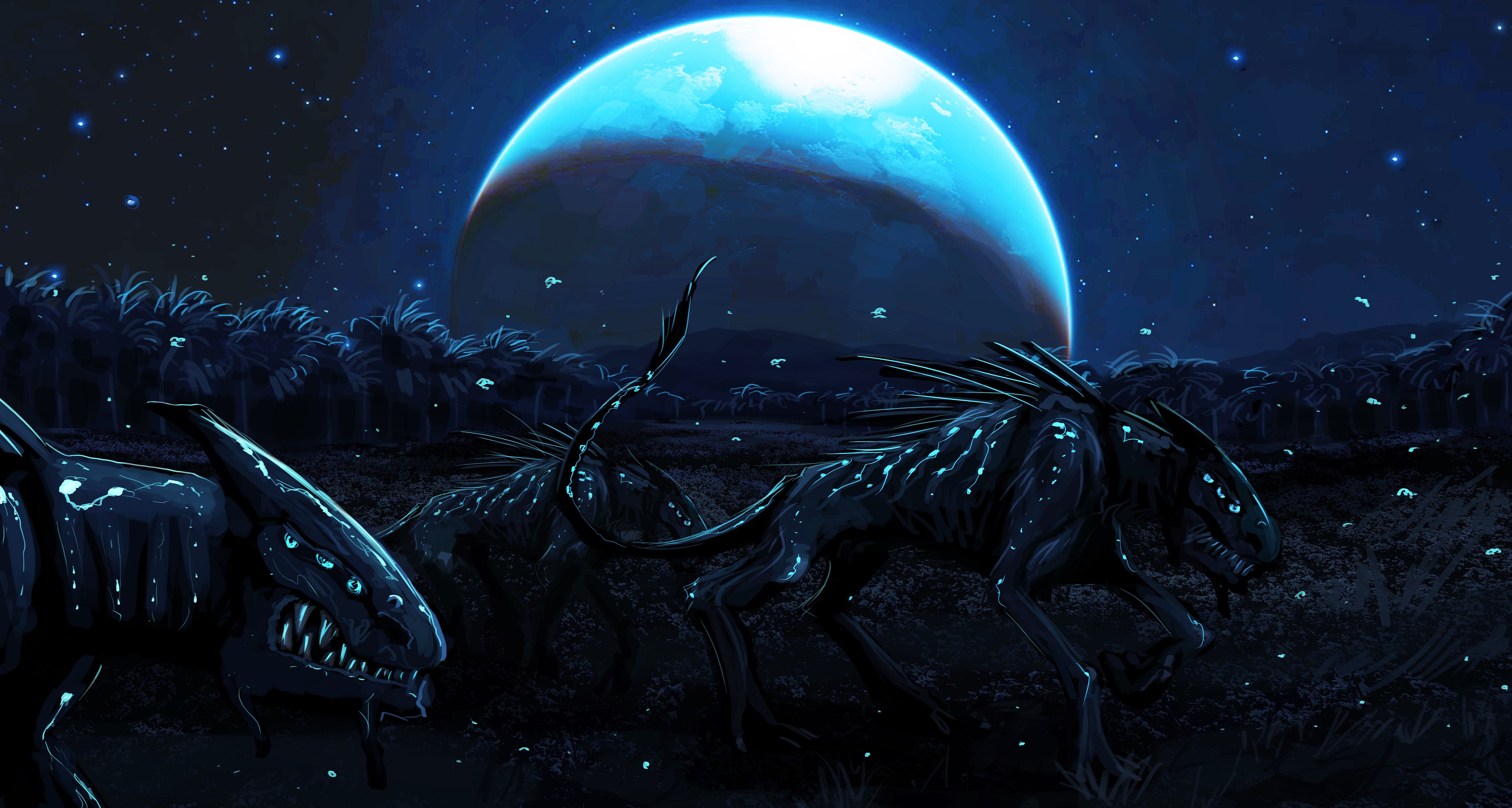 Alien creatures under a large blue moon HD Wallpaper