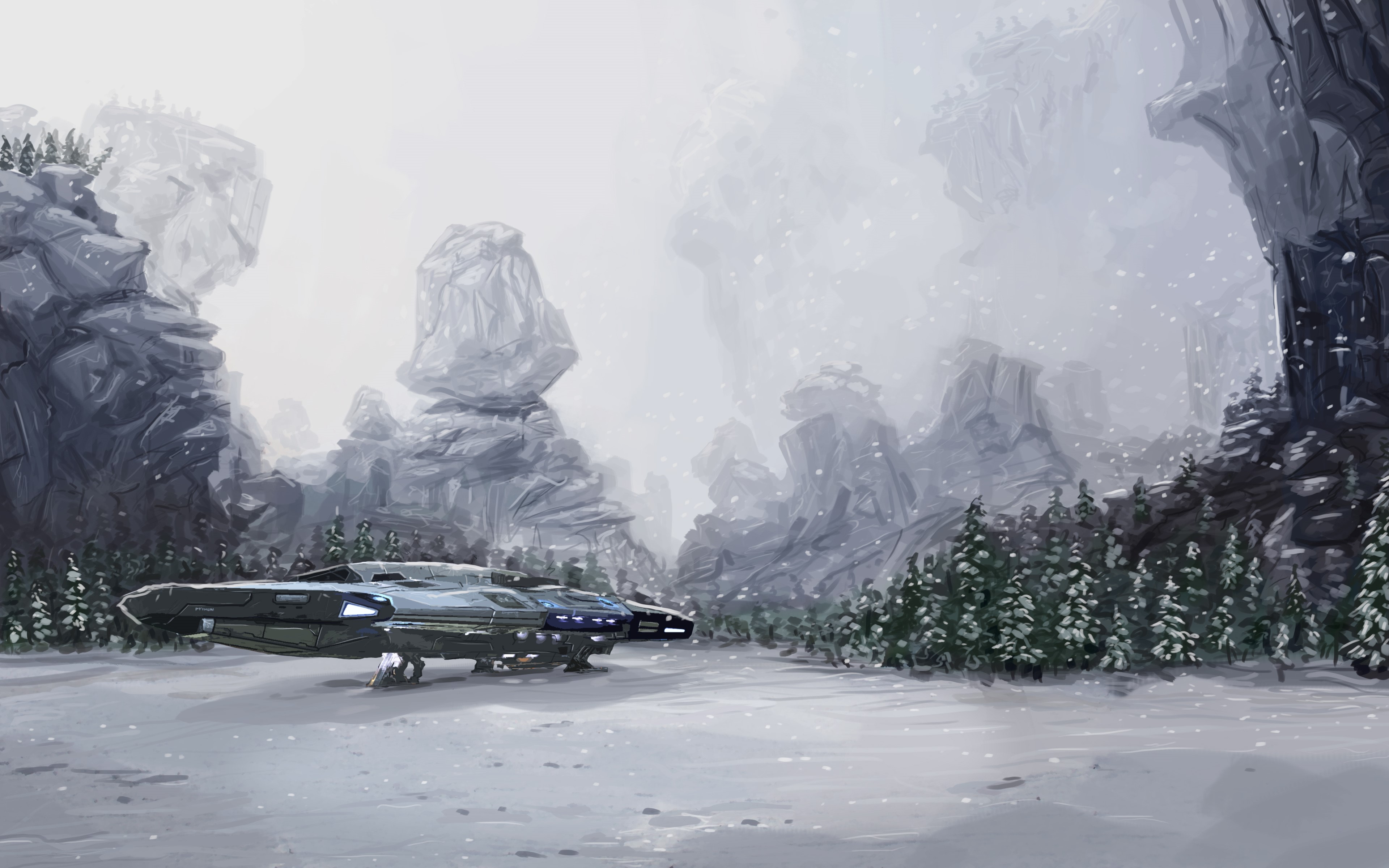 Spaceship in a snowy landscape, science fiction art HD Wallpaper