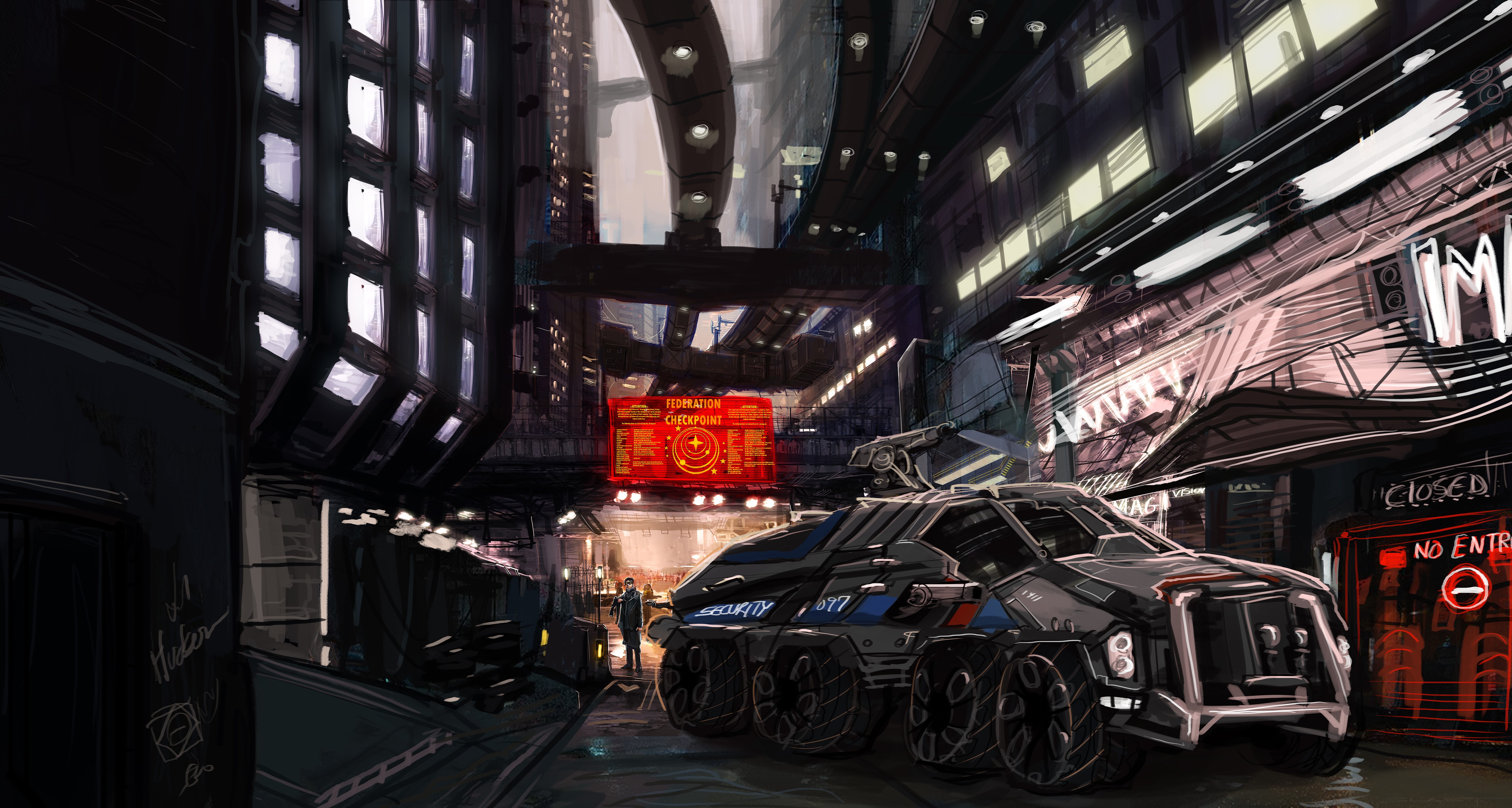 Federation Checkpoint in Cyberpunk City HD Wallpaper