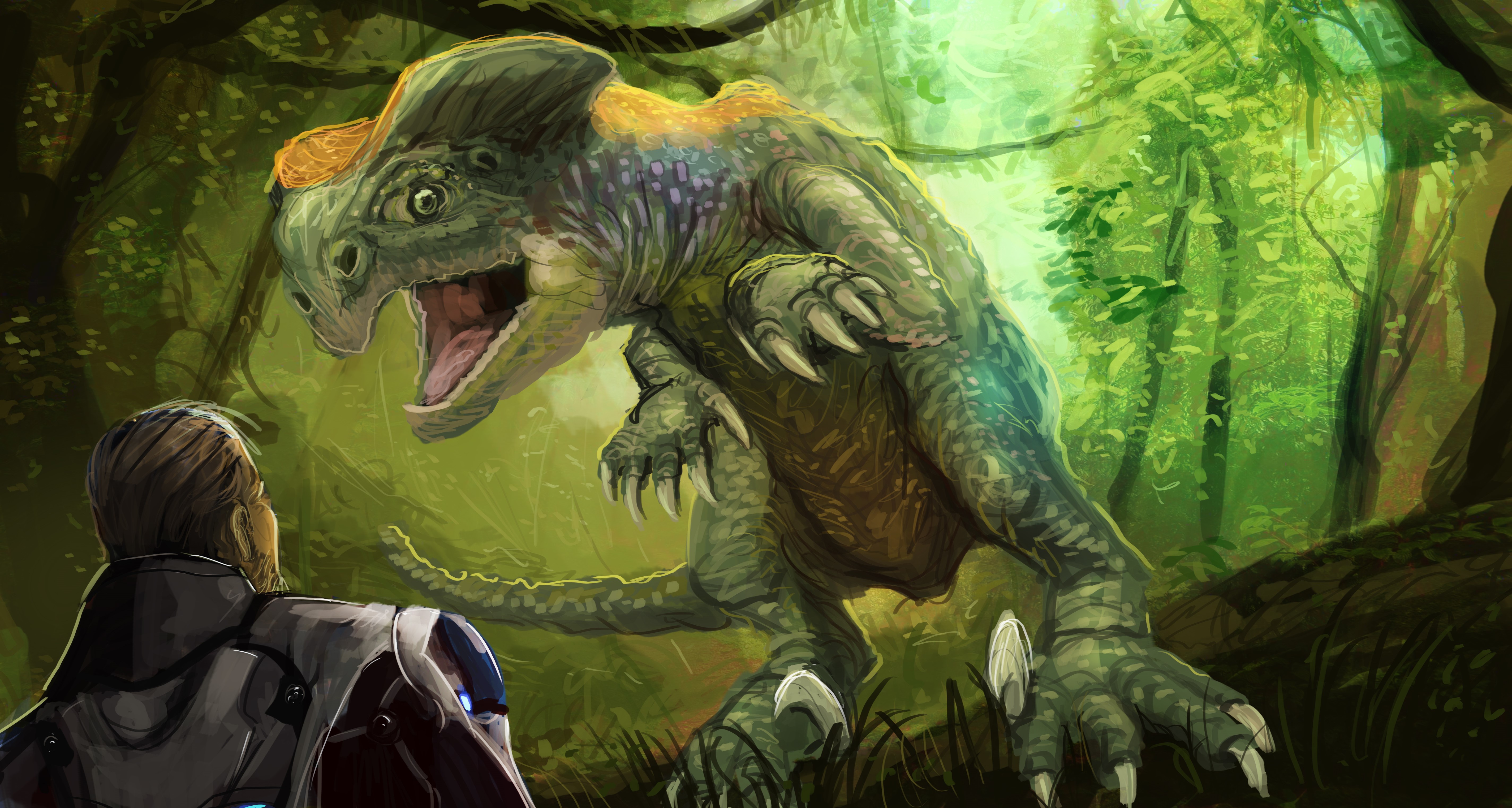 Dinosaur encounter in Elite: Dangerous jungle HD Wallpaper