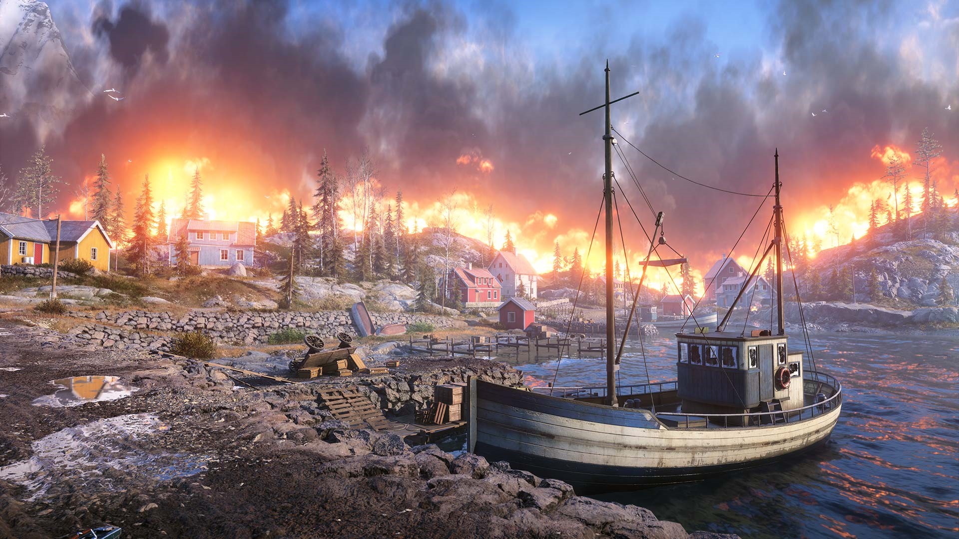 Battlefield game art of a burning village and a boat HD Wallpaper