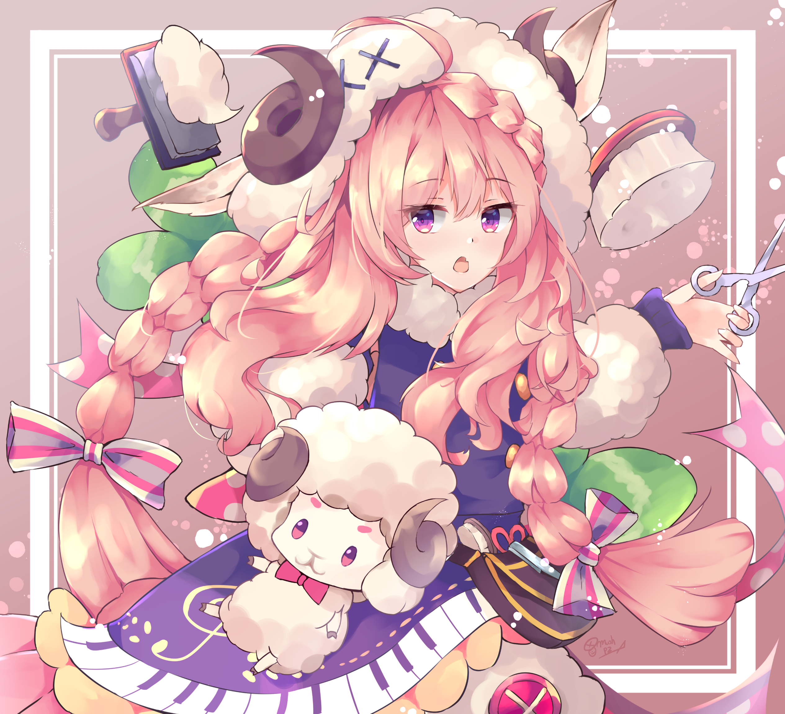 Anime girl with sheep-themed outfit and accessories HD Wallpaper