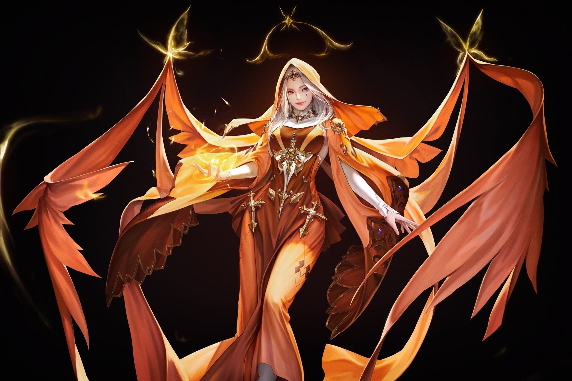 Fantasy girl with orange wings and glowing orb HD Wallpaper