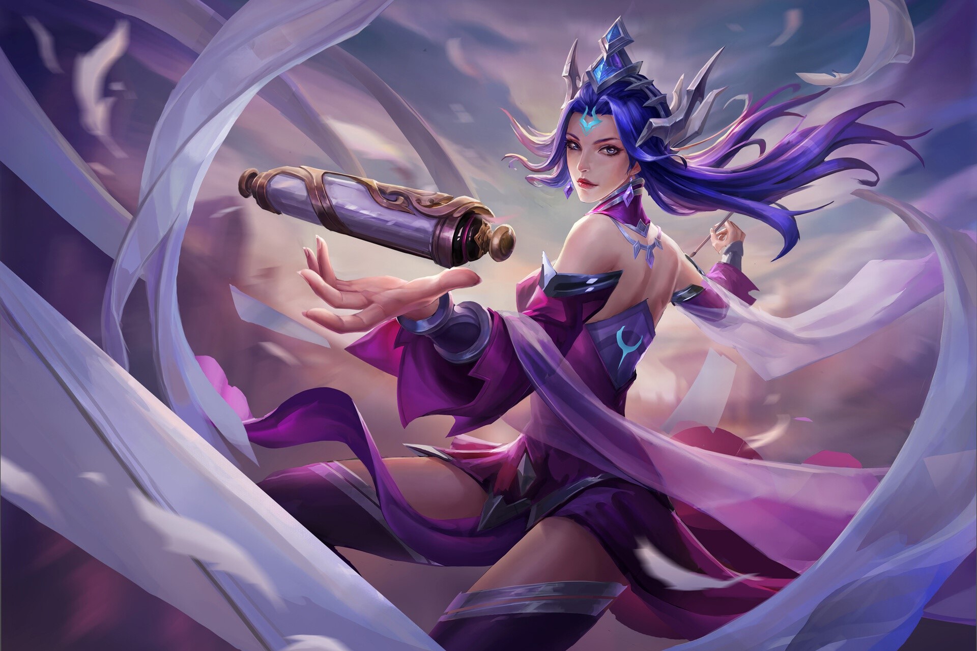 Fantasy art of a woman with purple hair holding a scroll HD Wallpaper