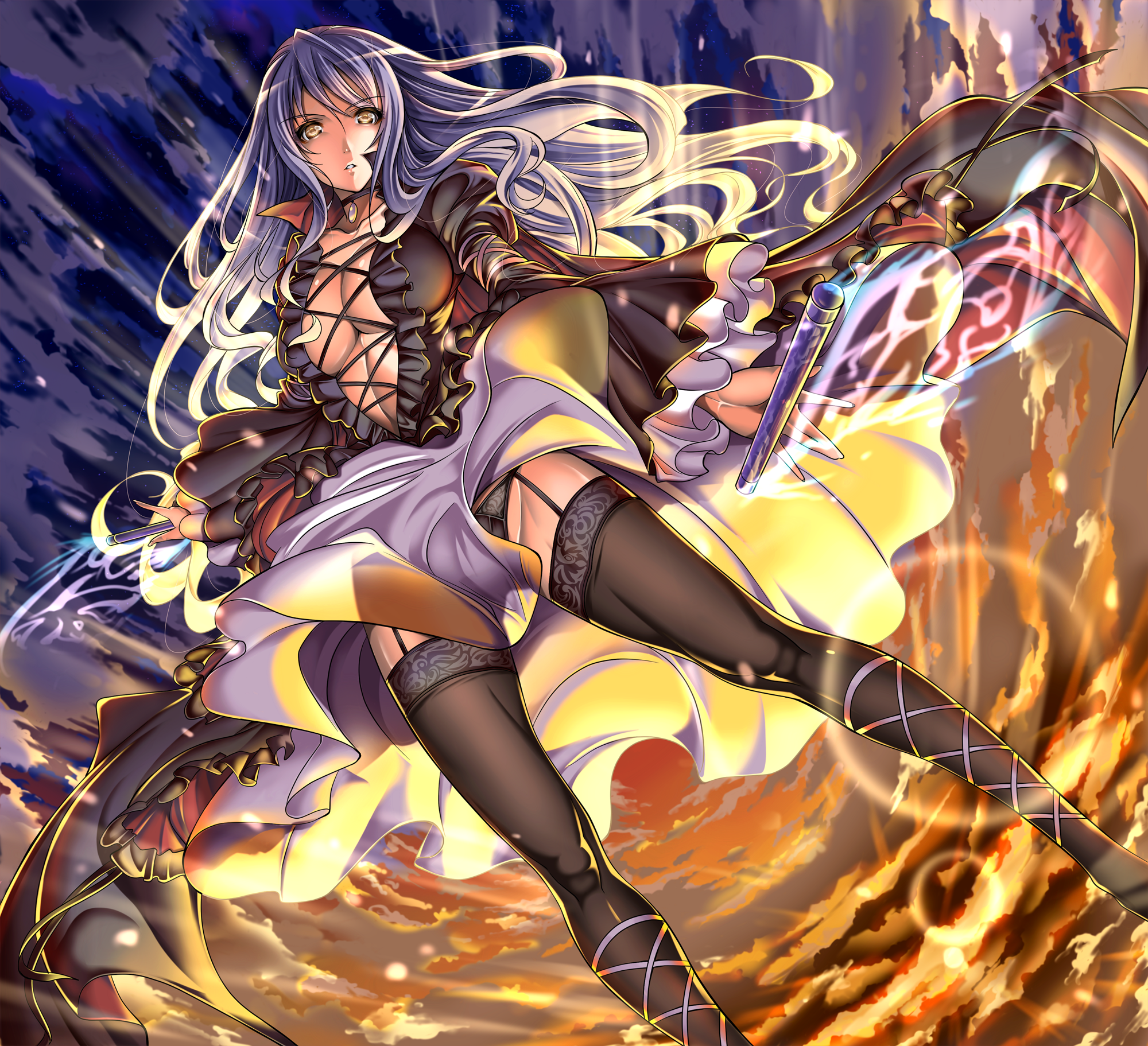 Anime girl with blue hair and yellow eyes holding a sword HD Wallpaper