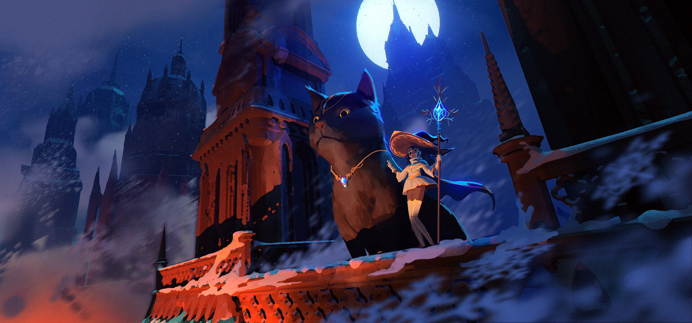 Witch and giant cat on snowy rooftop HD Wallpaper