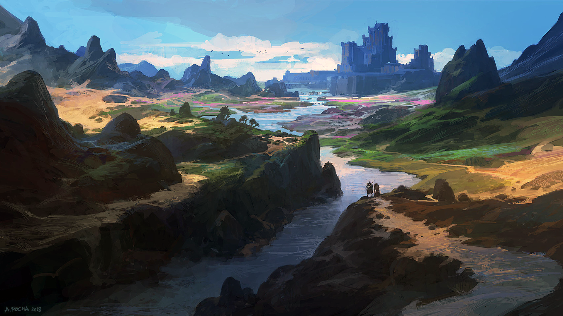 Fantasy landscape with castle and river by Andreas Rocha HD Wallpaper