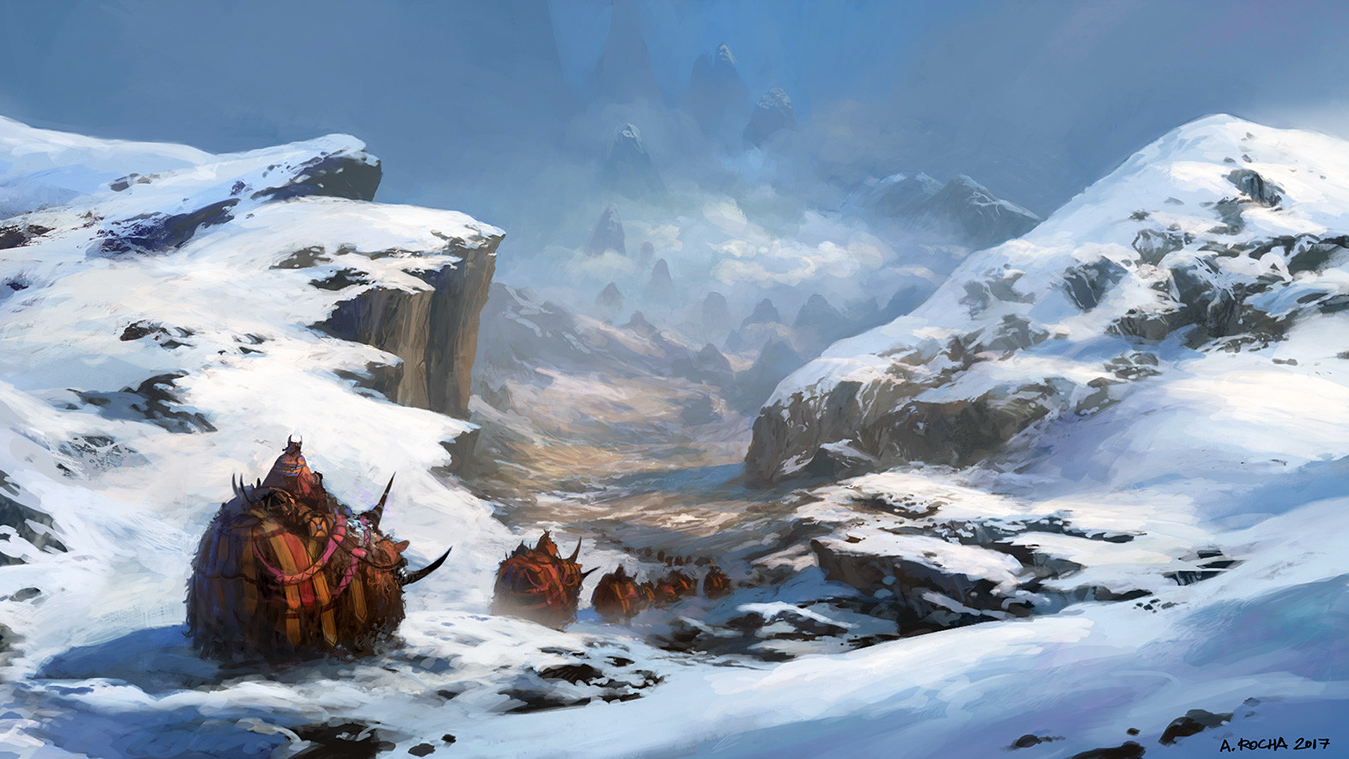 Creatures traveling through a snowy mountain pass HD Wallpaper
