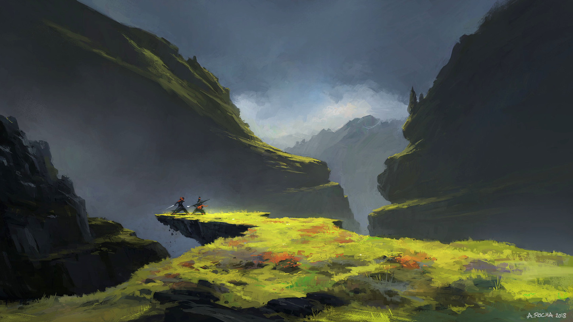 Two warriors on a cliff edge in a mountain landscape HD Wallpaper