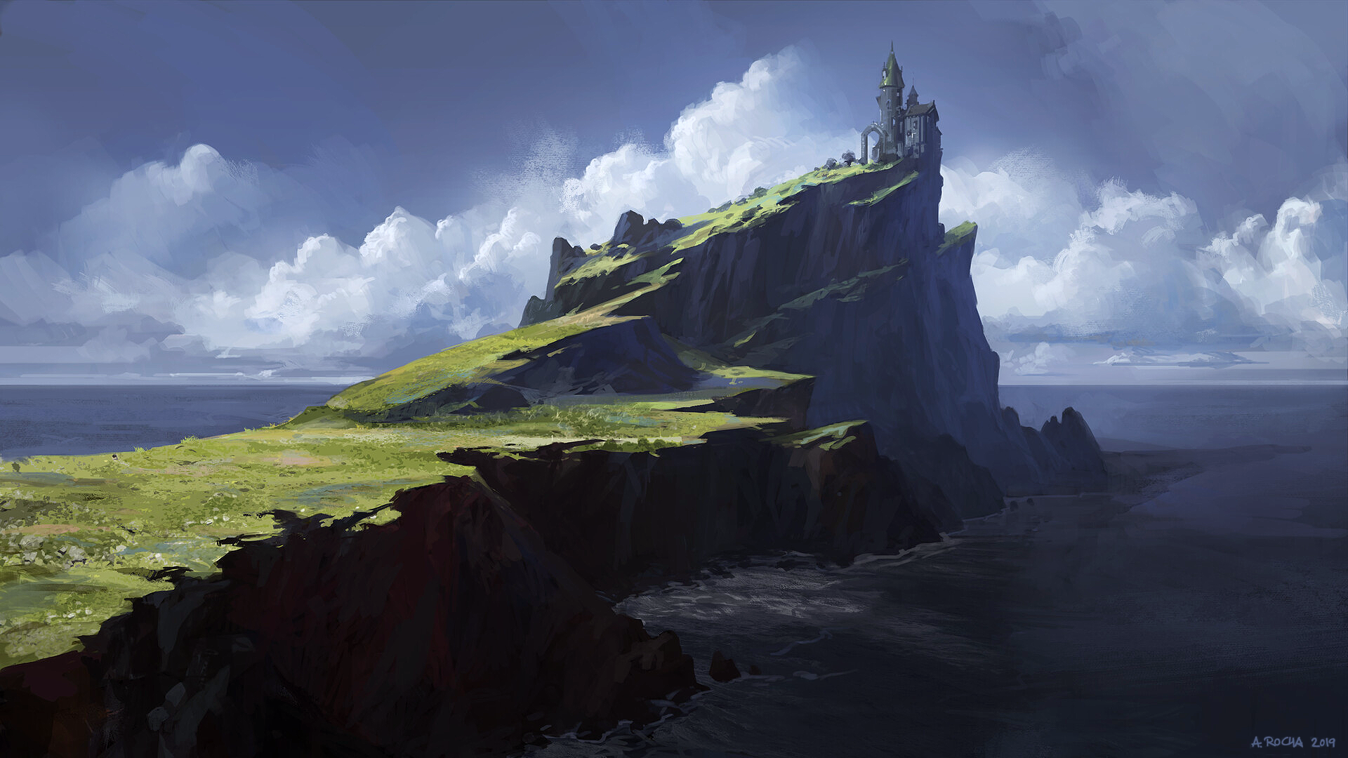 Castle on a cliff overlooking the sea HD Wallpaper