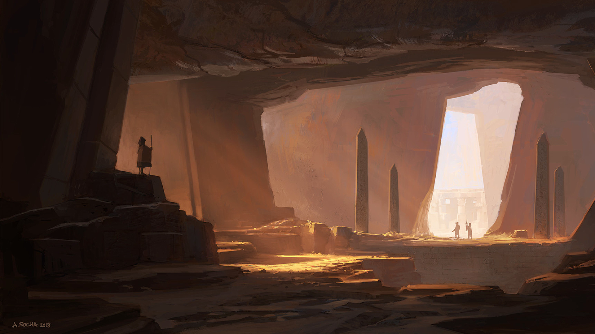 Cave interior with figures and obelisks by Andreas Rocha HD Wallpaper
