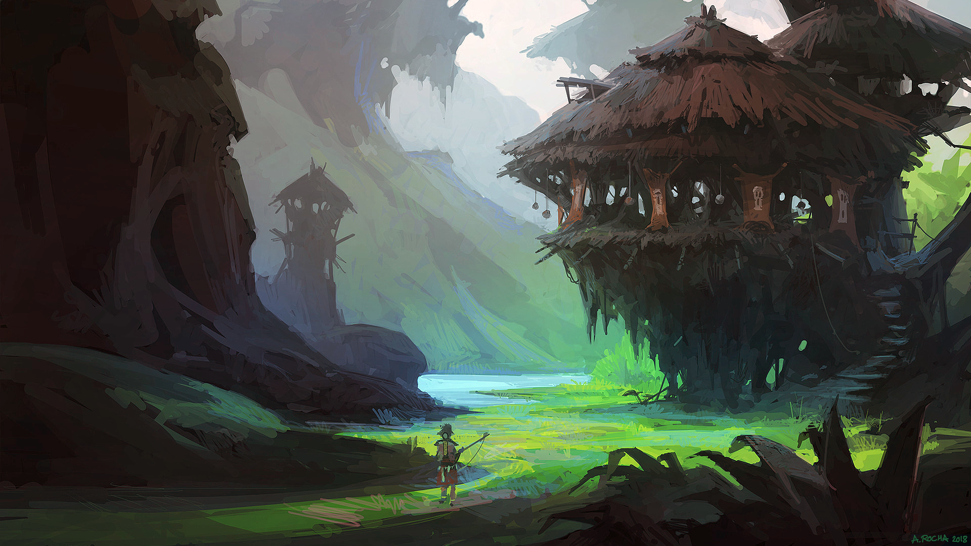 Fantasy treehouse village by Andreas Rocha HD Wallpaper