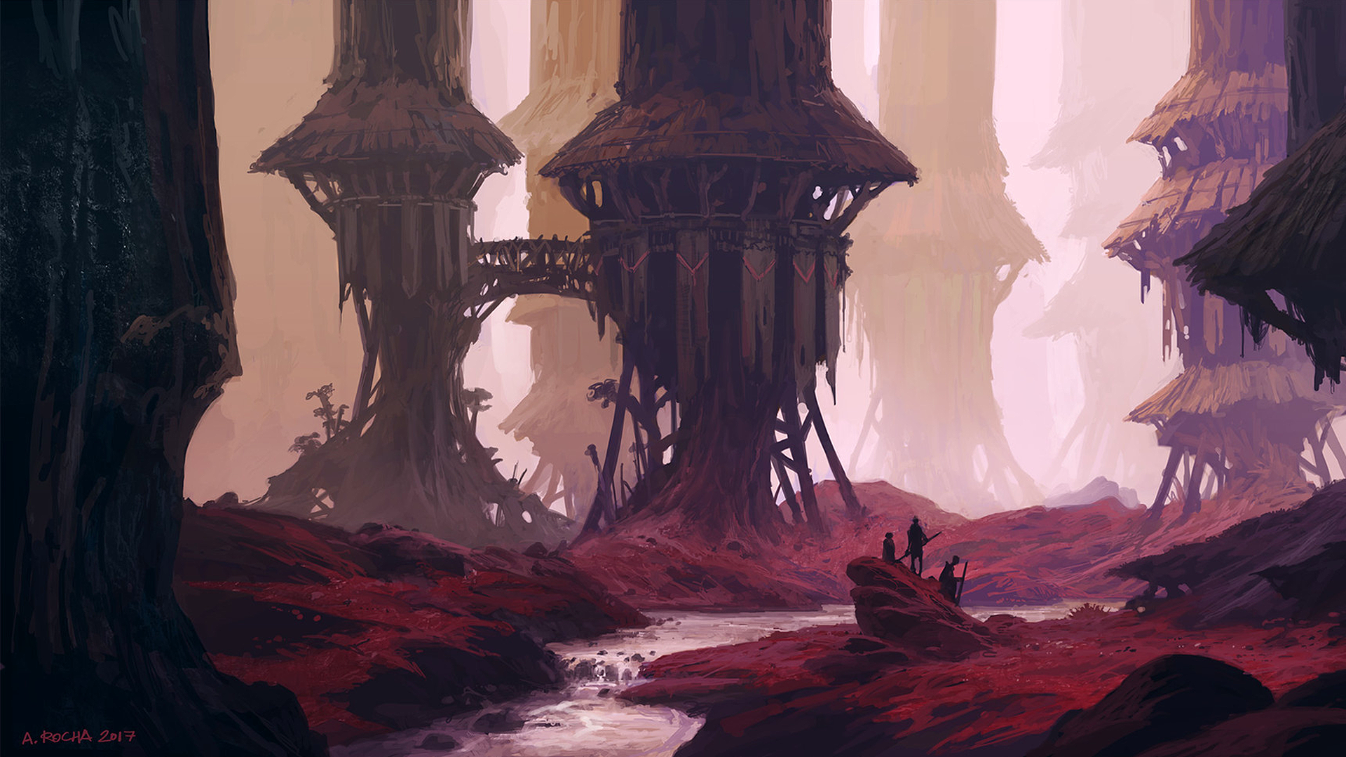 Fantasy landscape with tree dwellings and figures by Andreas Rocha HD Wallpaper