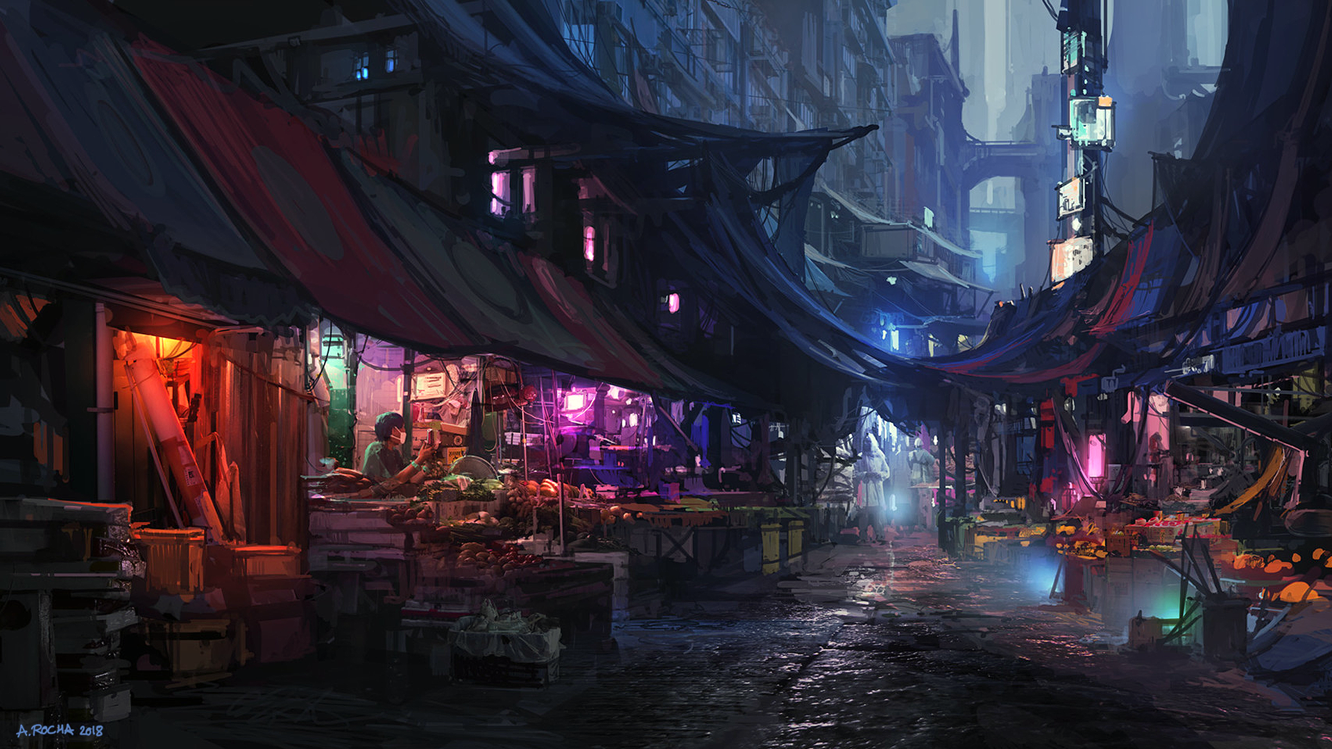 Futuristic city market street by Andreas Rocha HD Wallpaper