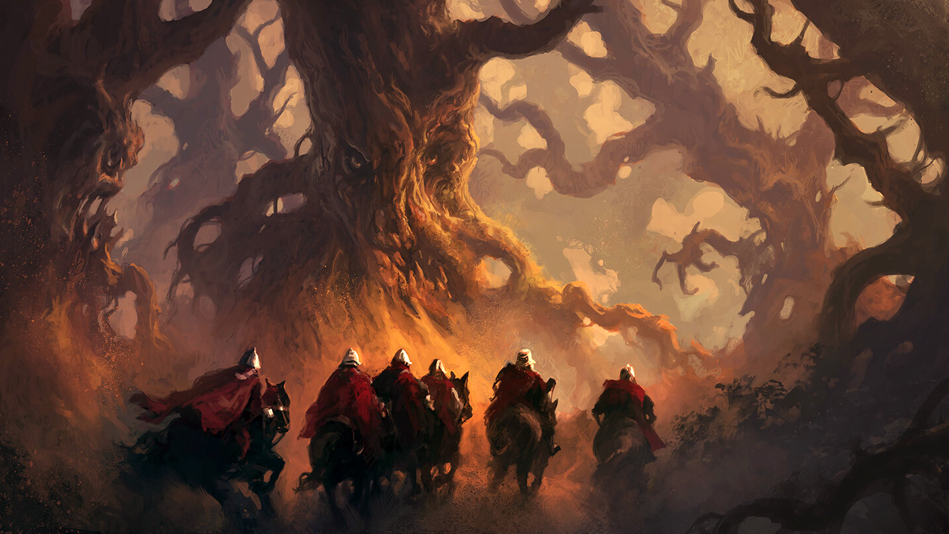Knights on horseback in a dark, gnarled forest HD Wallpaper