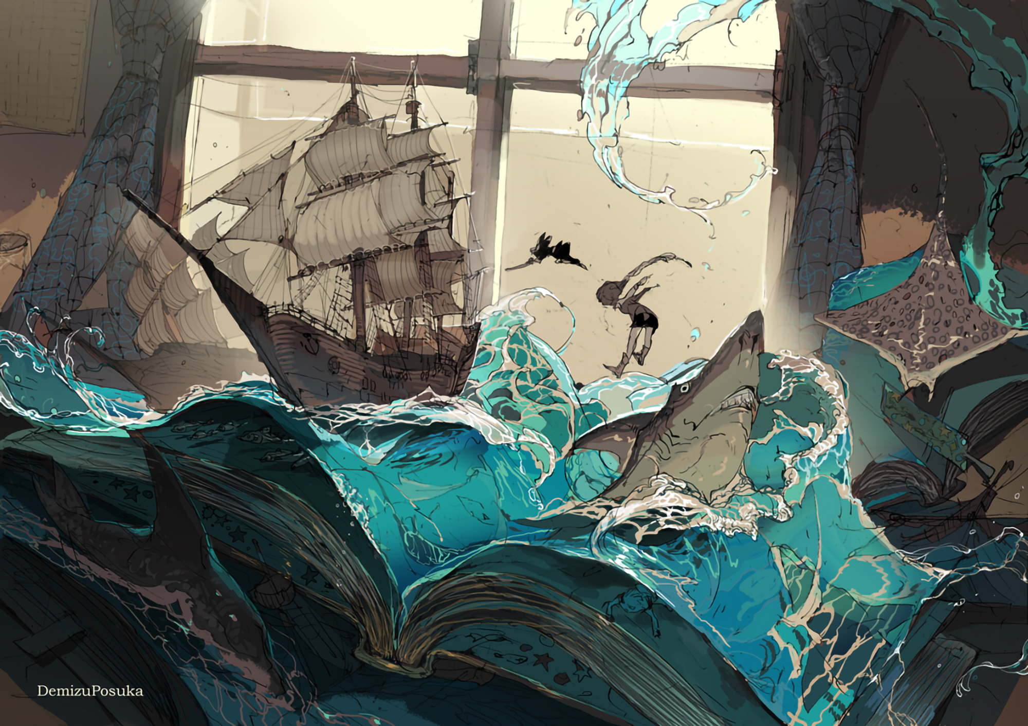 Anime illustration of a ship and sharks emerging from a book HD Wallpaper