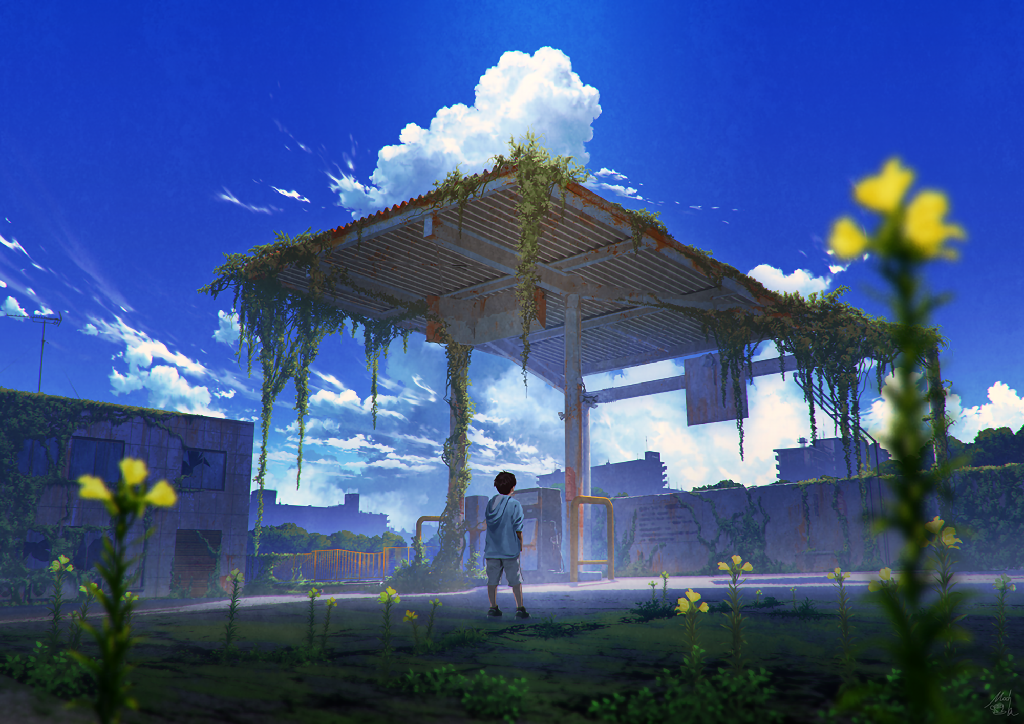 Anime boy at abandoned gas station HD Wallpaper