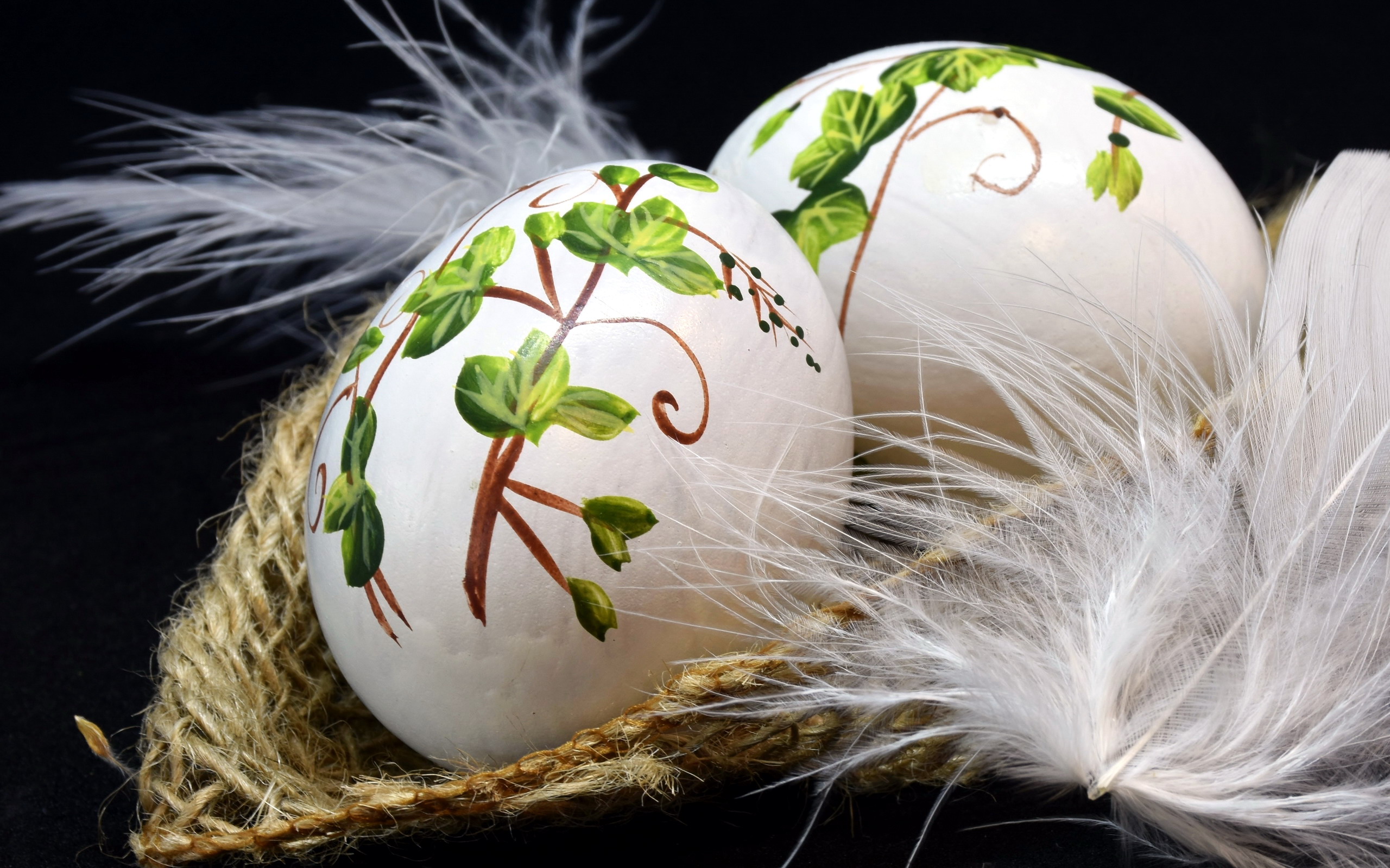 Decorated Easter eggs with floral design and feathers HD Wallpaper