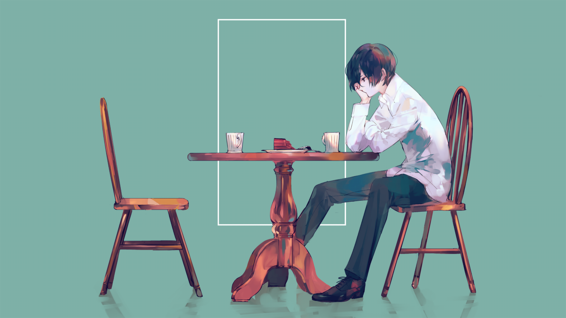 Anime boy sitting at a table with coffee and cake HD Wallpaper