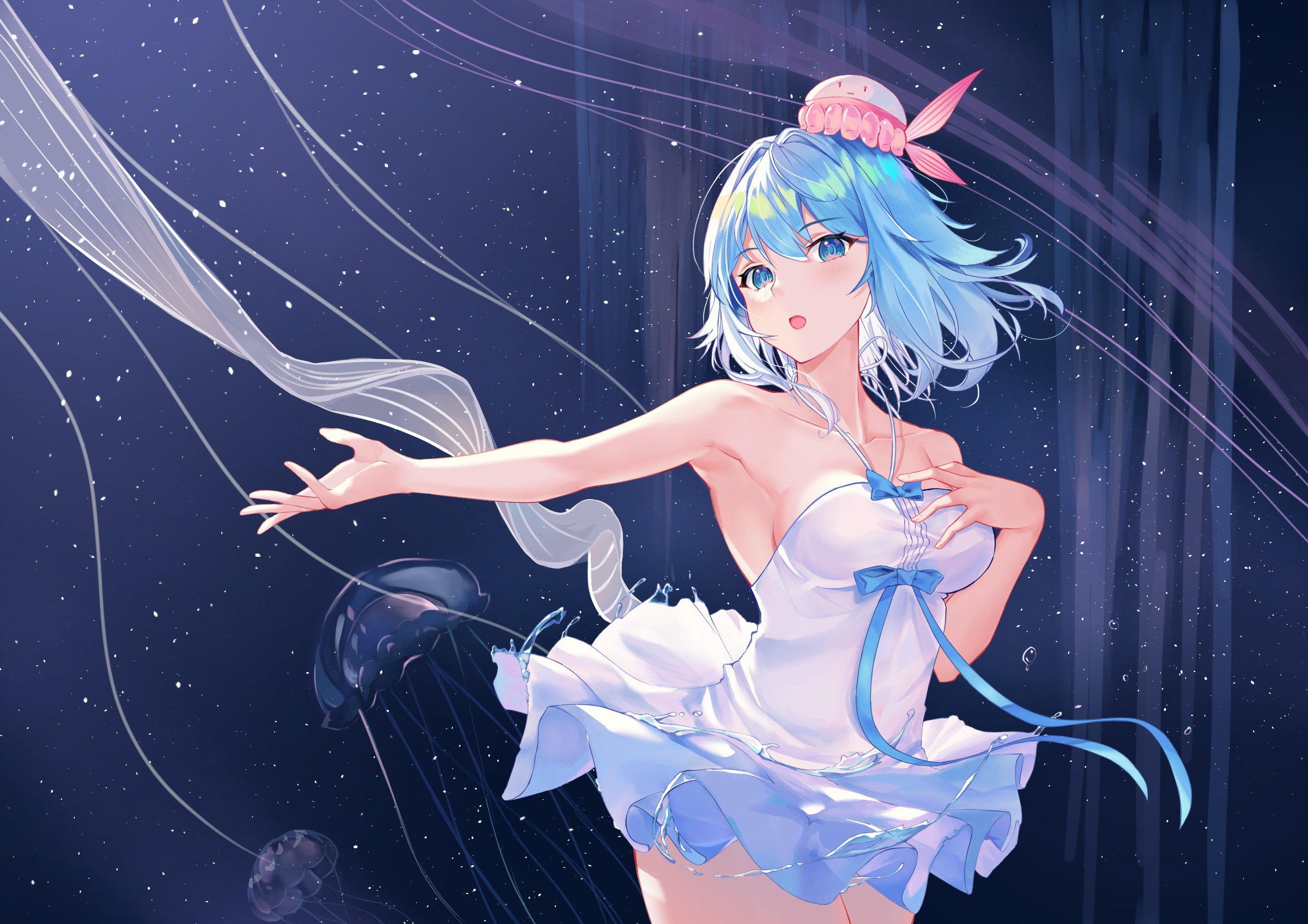 Girl with blue hair and aqua eyes in a white dress HD Wallpaper