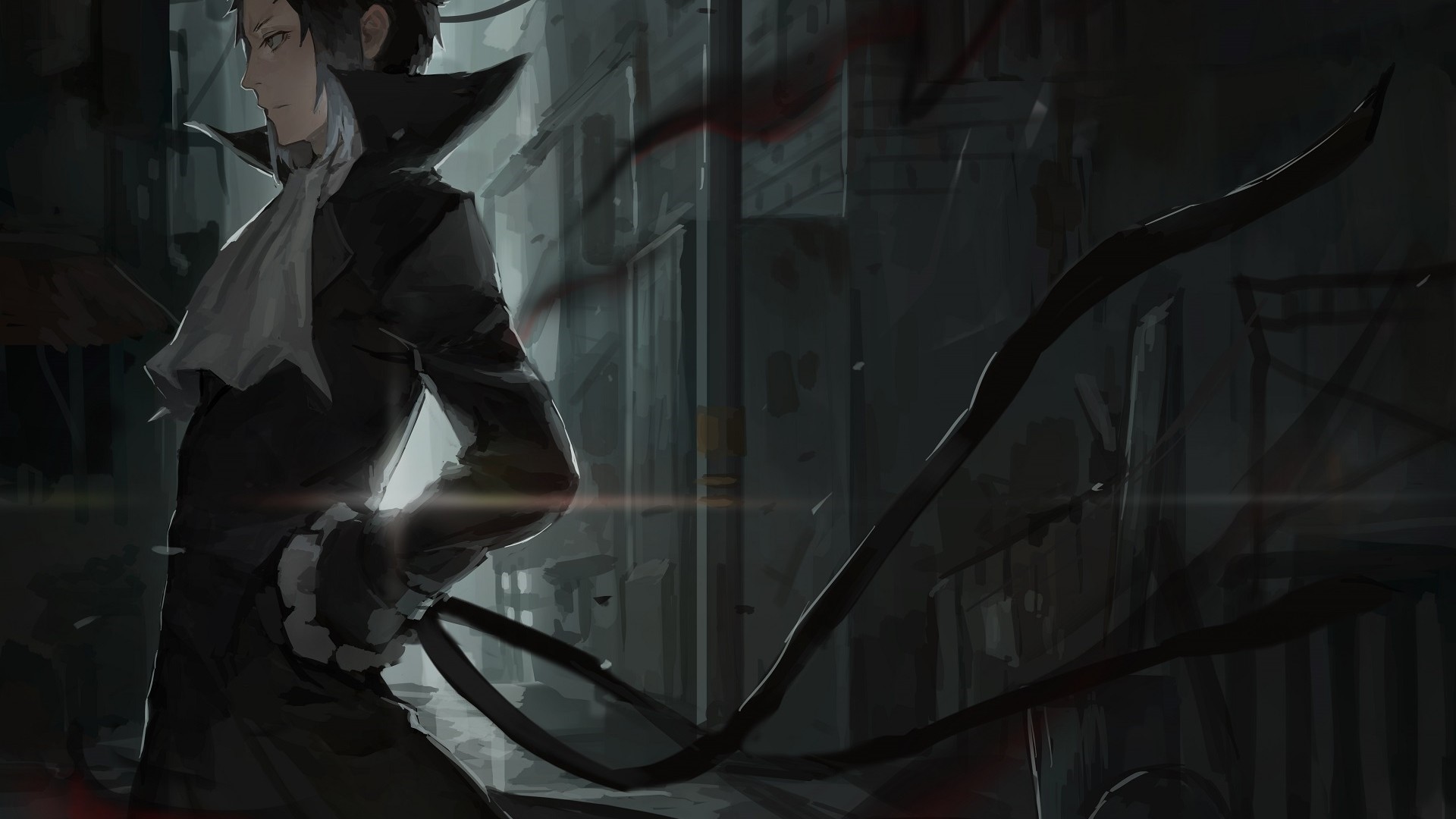Akutagawa Ryuunosuke from Bungou Stray Dogs in a dark city street HD Wallpaper
