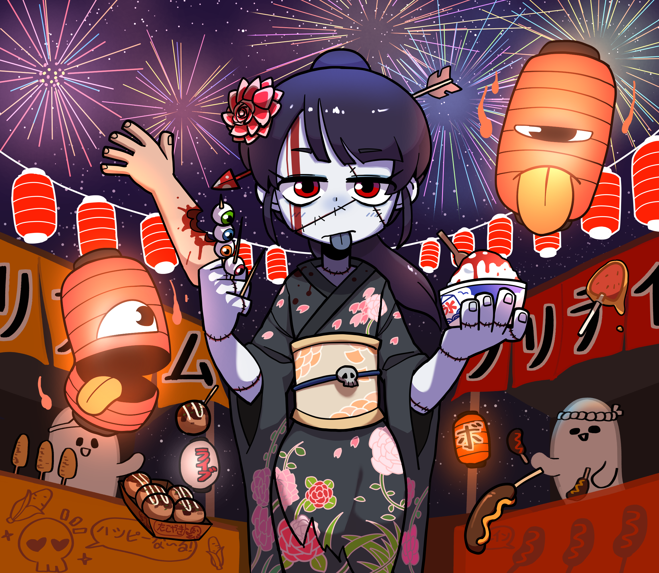 Zombie Girl in Kimono at a Festival HD Wallpaper