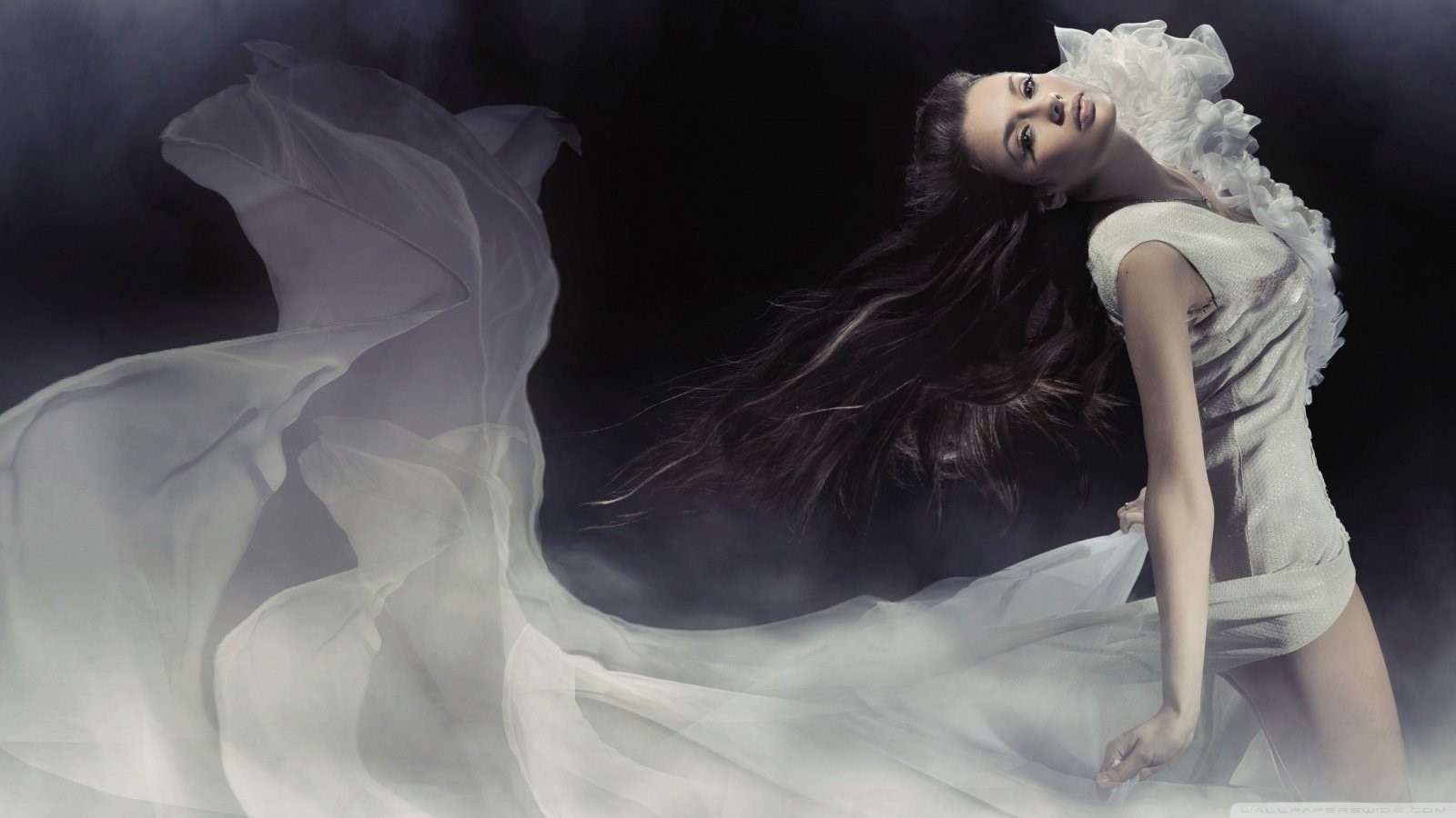 Woman with long dark hair in a white dress HD Wallpaper