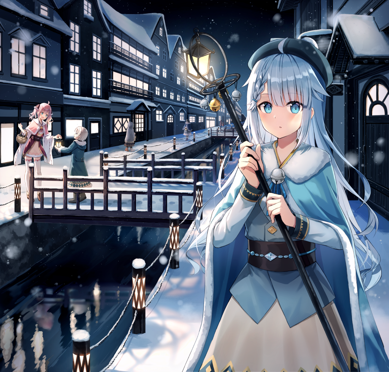 Anime girls in winter town with canal HD Wallpaper