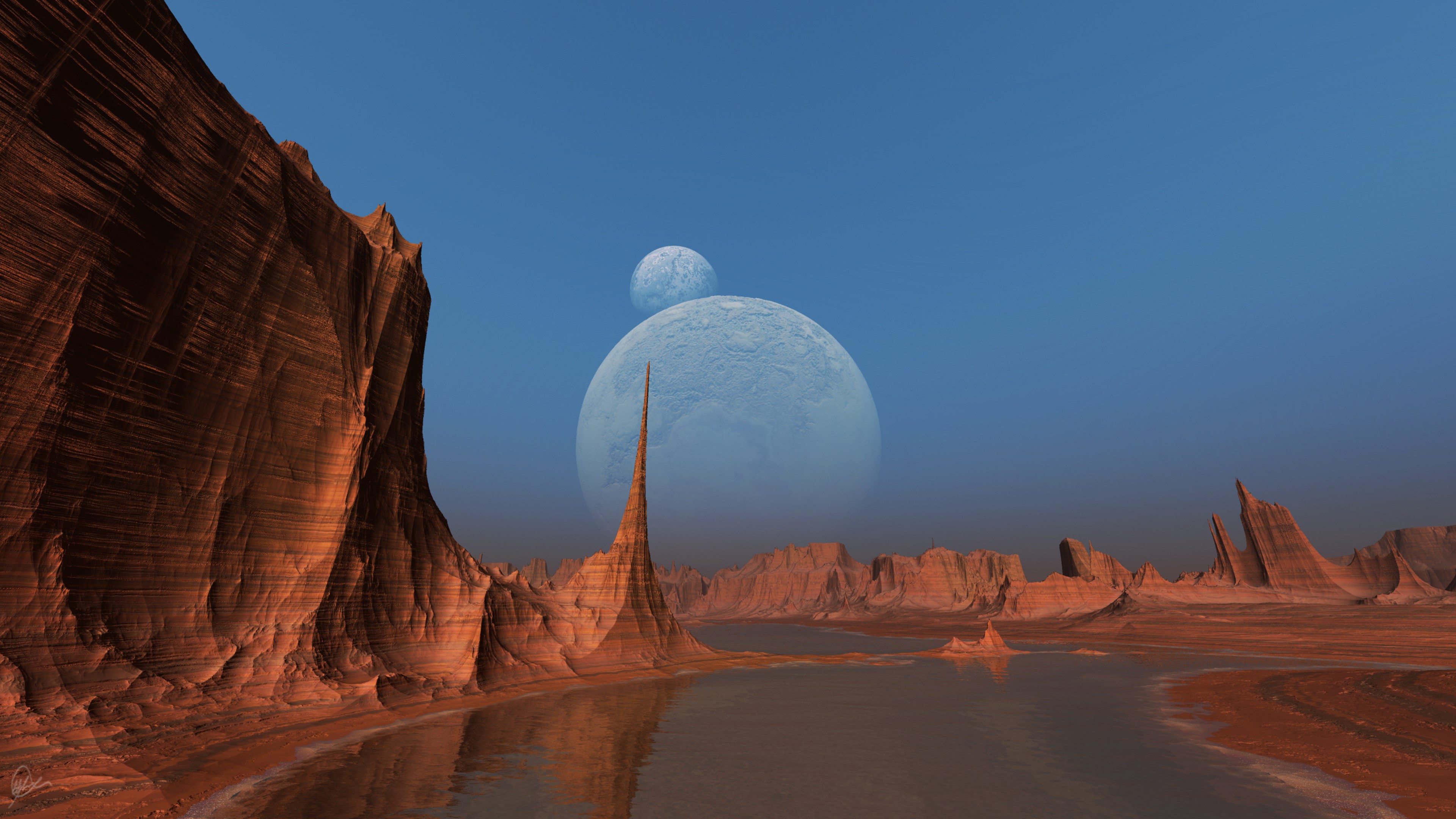 Alien desert landscape with two moons HD Wallpaper