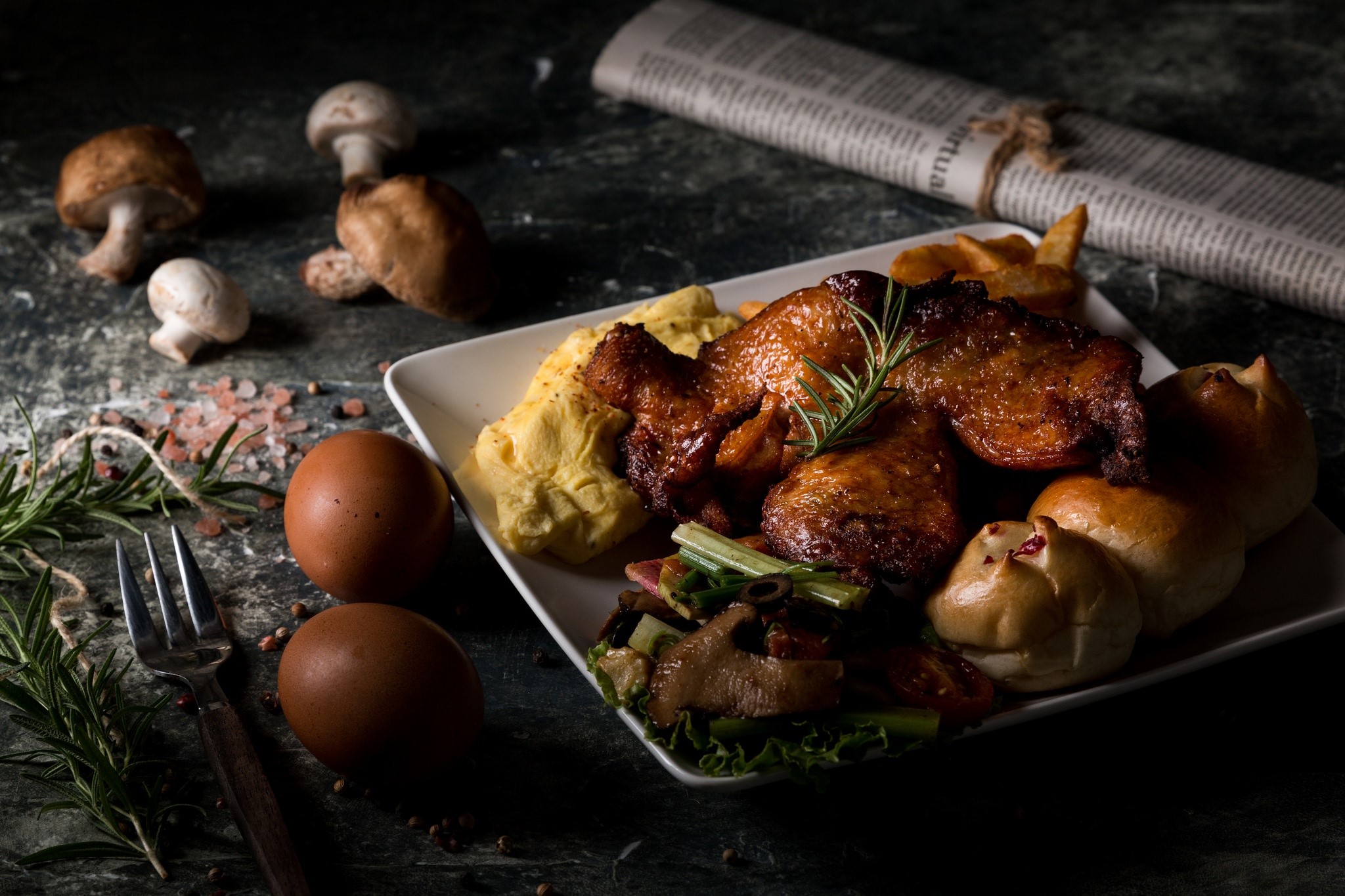 Roasted chicken with eggs, bread, and mushrooms HD Wallpaper