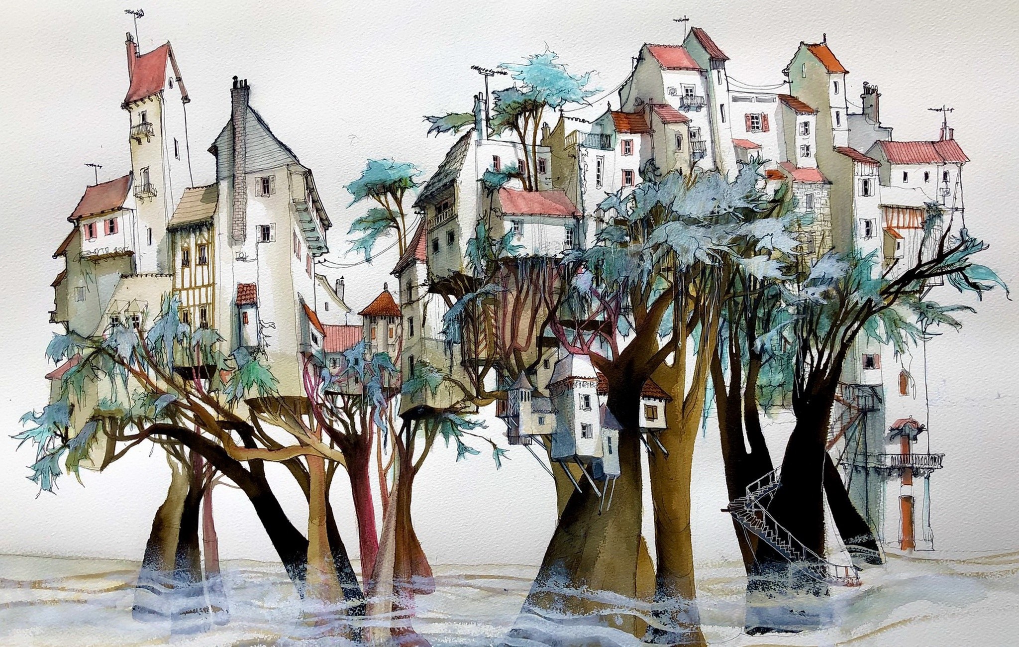 Watercolor painting of a whimsical town built on trees HD Wallpaper