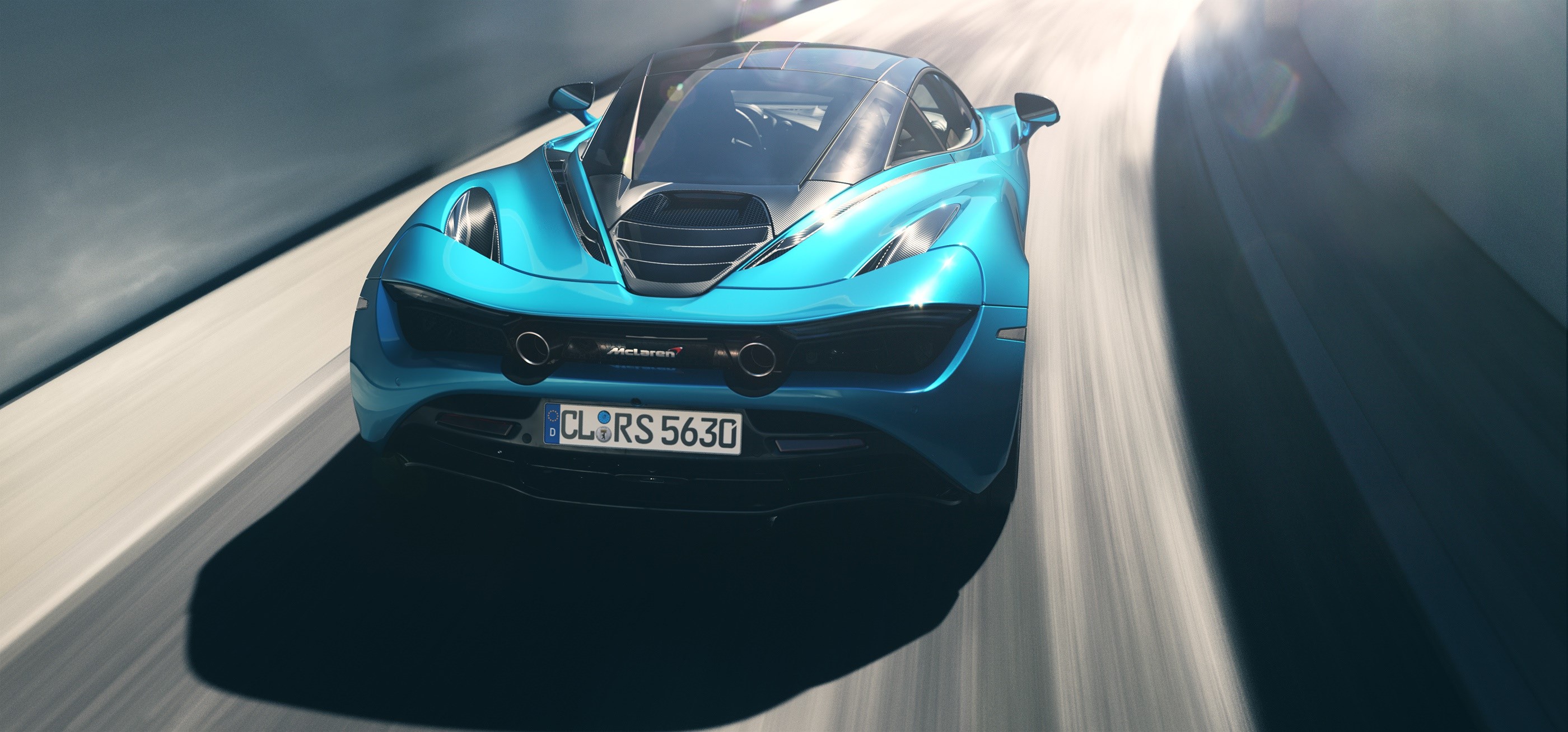 Cyan McLaren 720S driving on a road HD Wallpaper