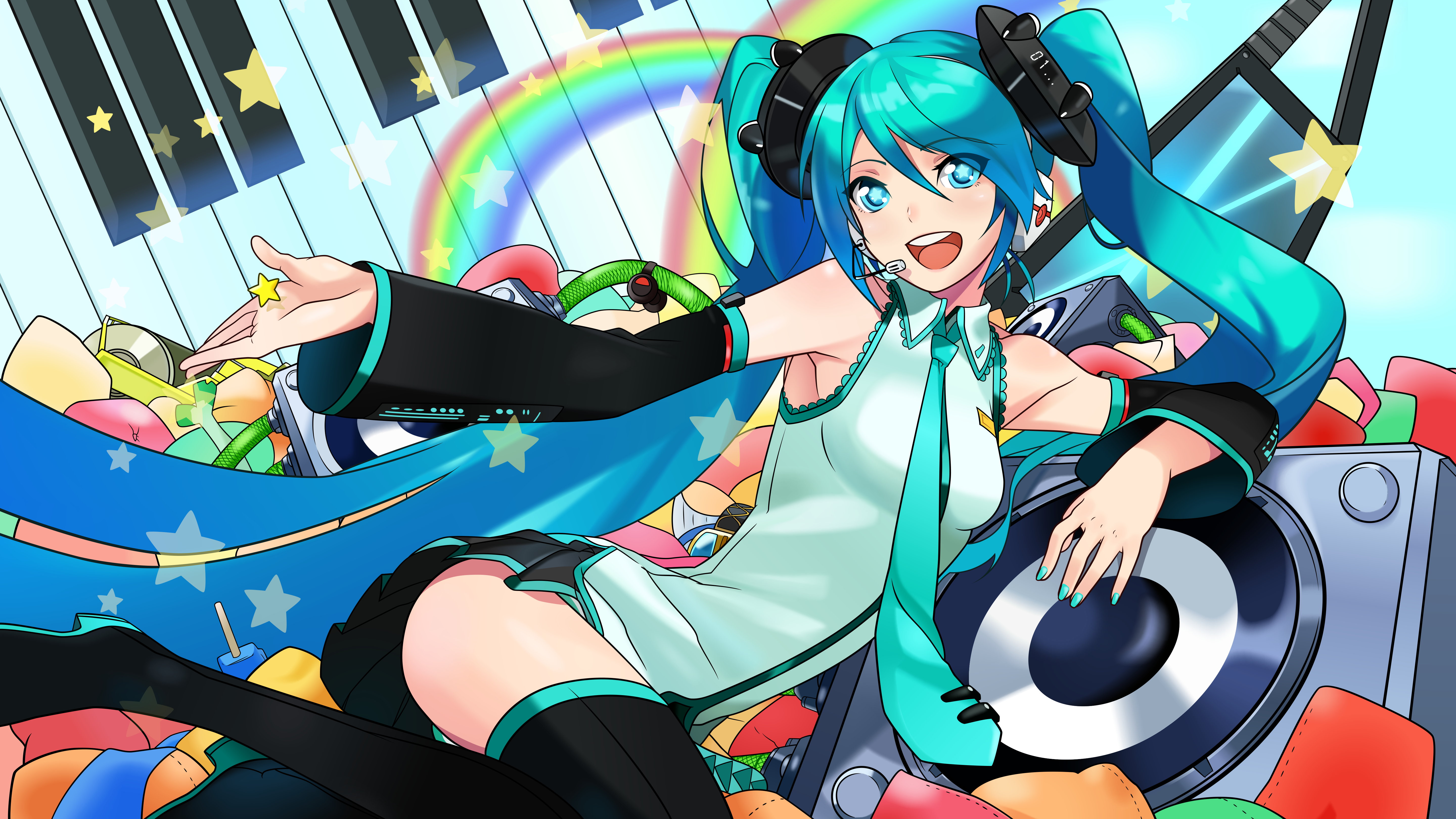 Hatsune Miku with Musical Instruments and Rainbow HD Wallpaper