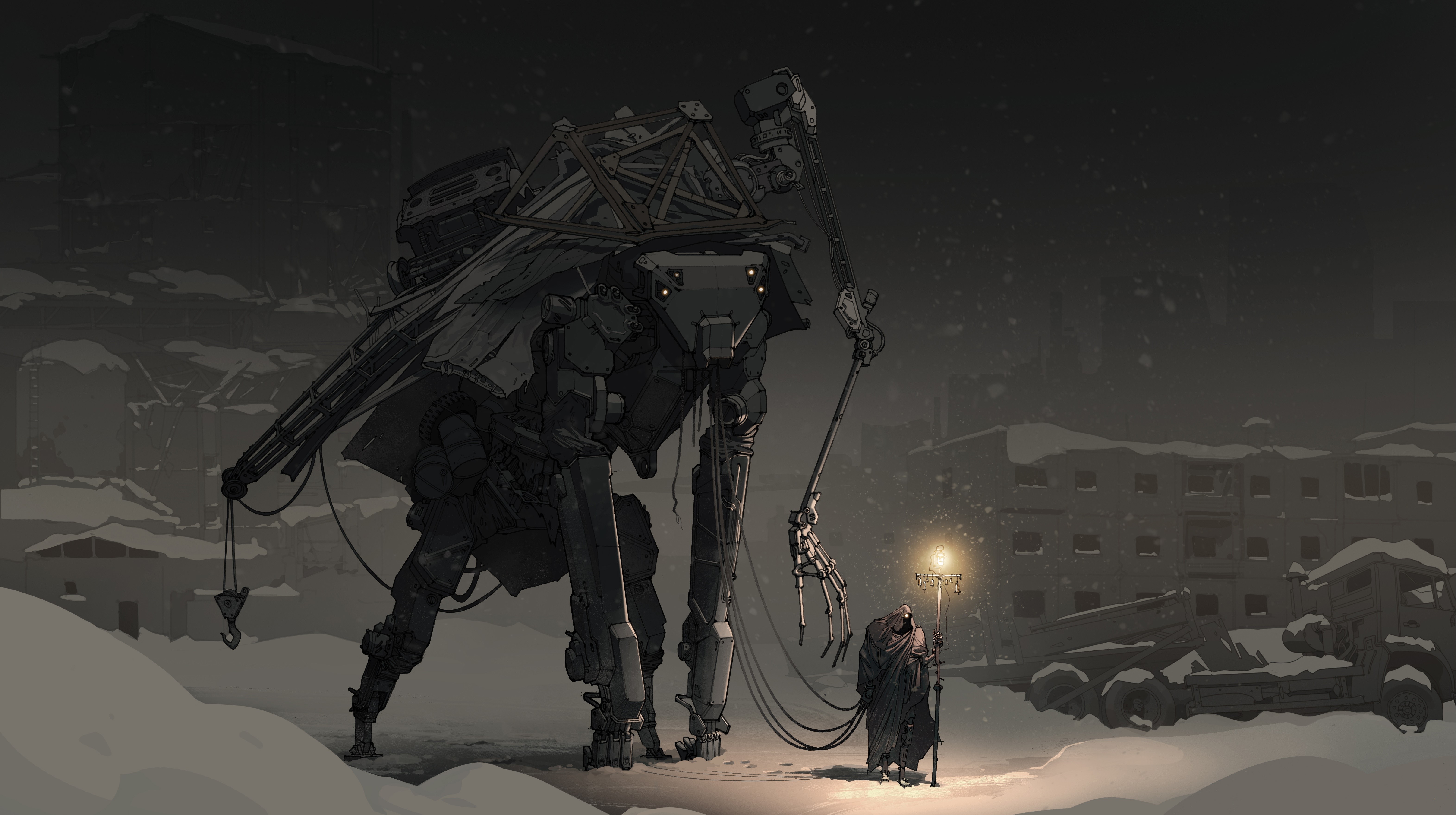 Giant robot and traveler in a snowy, dark city at night HD Wallpaper