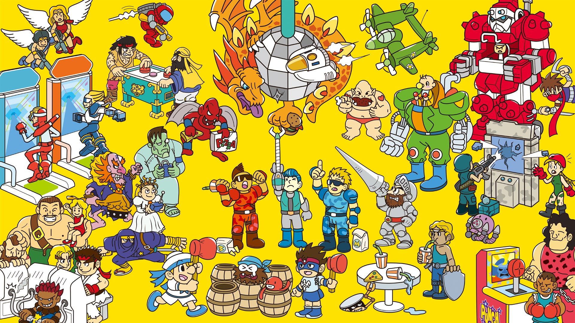 Capcom Arcade Stadium characters on yellow background HD Wallpaper