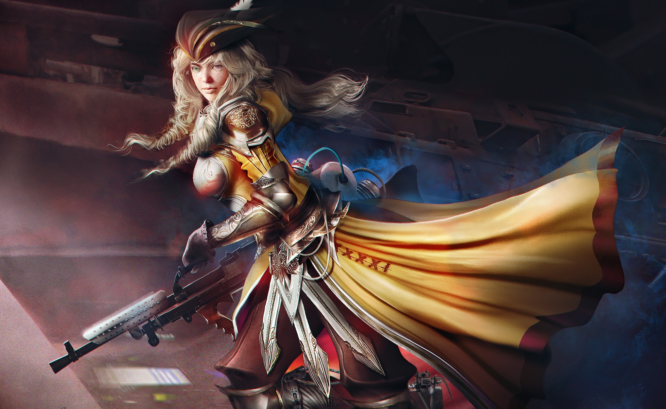Woman in pirate hat with rifle and yellow cape HD Wallpaper