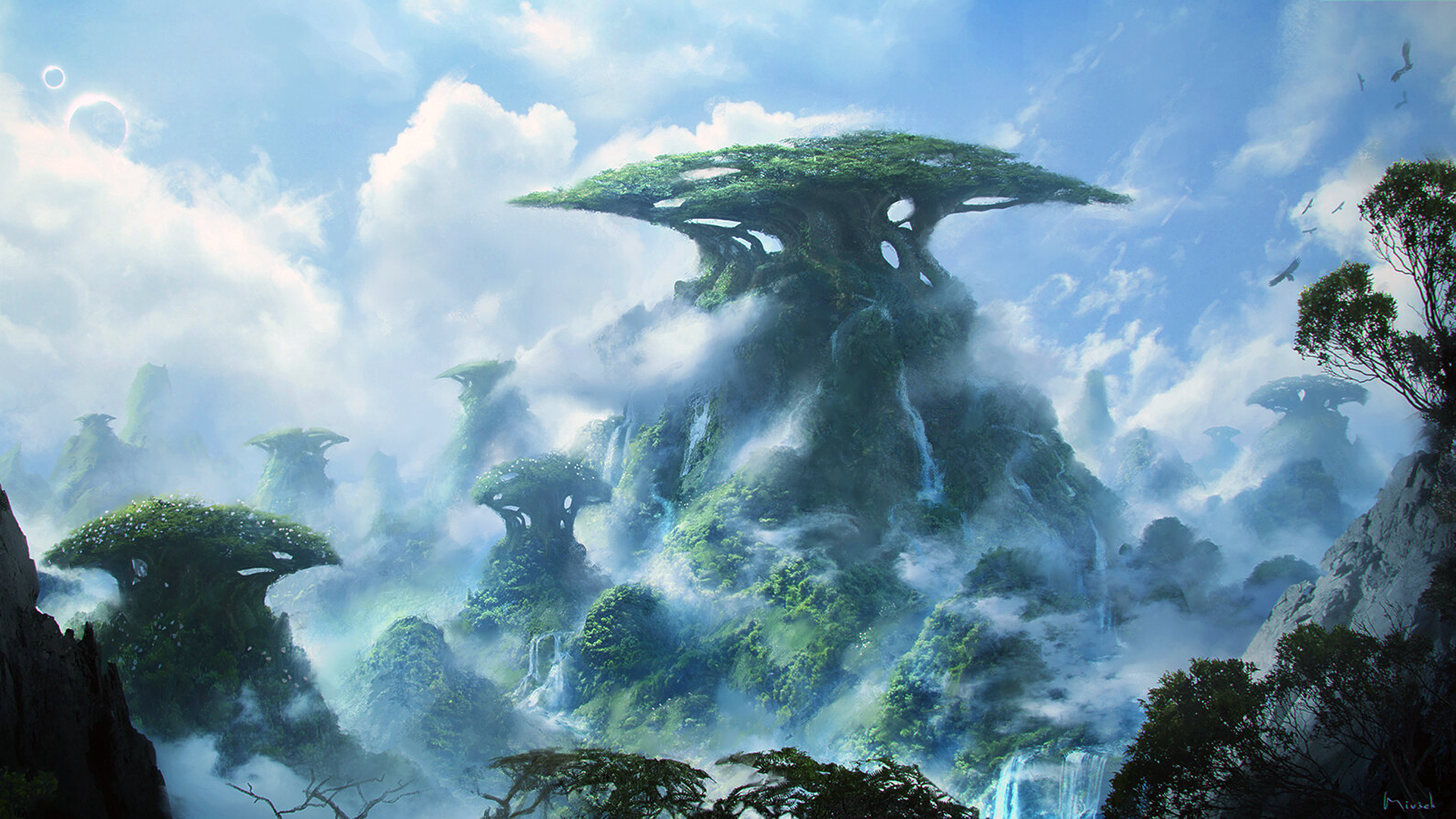 Fantasy landscape with giant trees and waterfalls HD Wallpaper