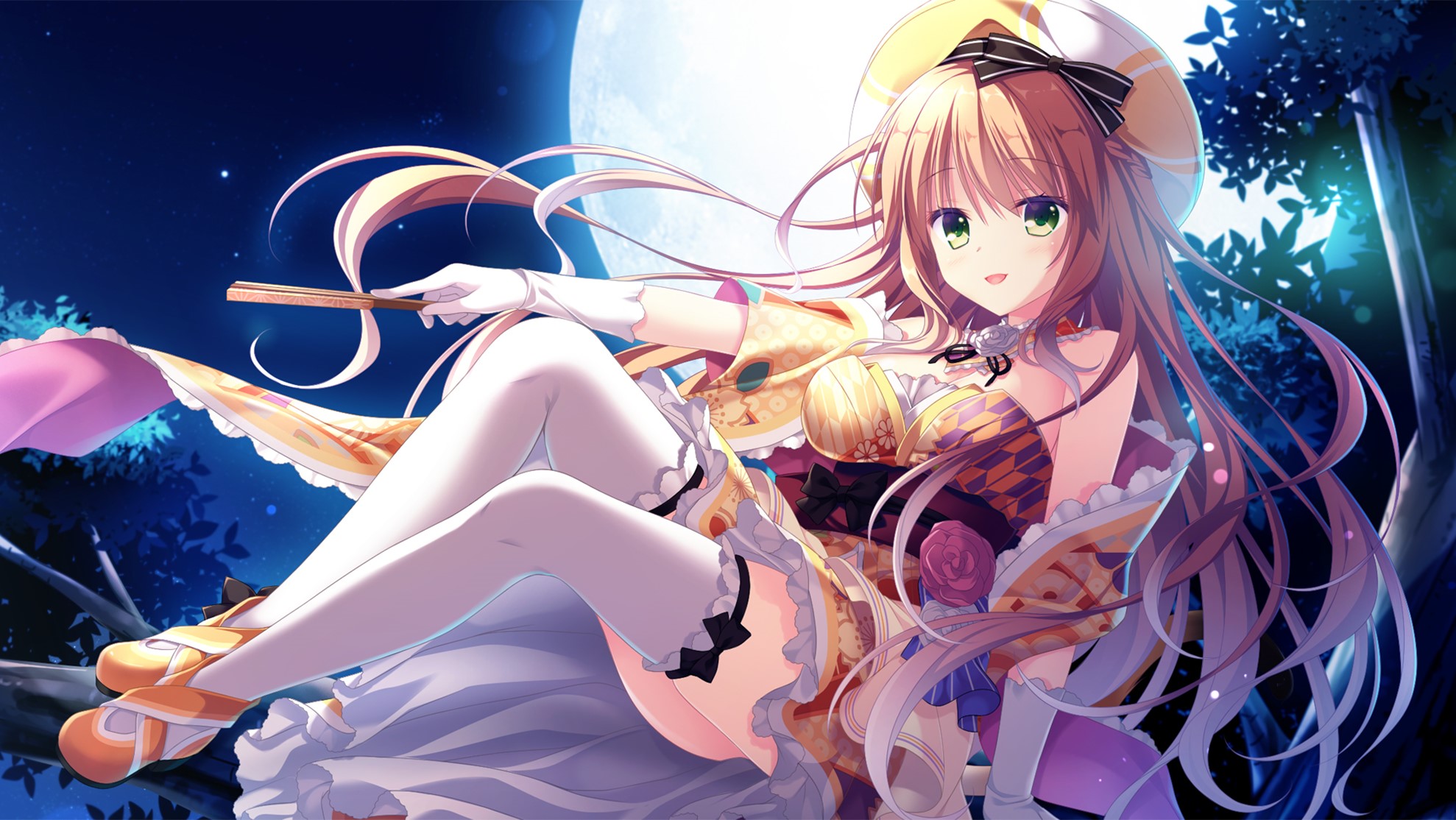 Anime girl with long hair and green eyes at night HD Wallpaper
