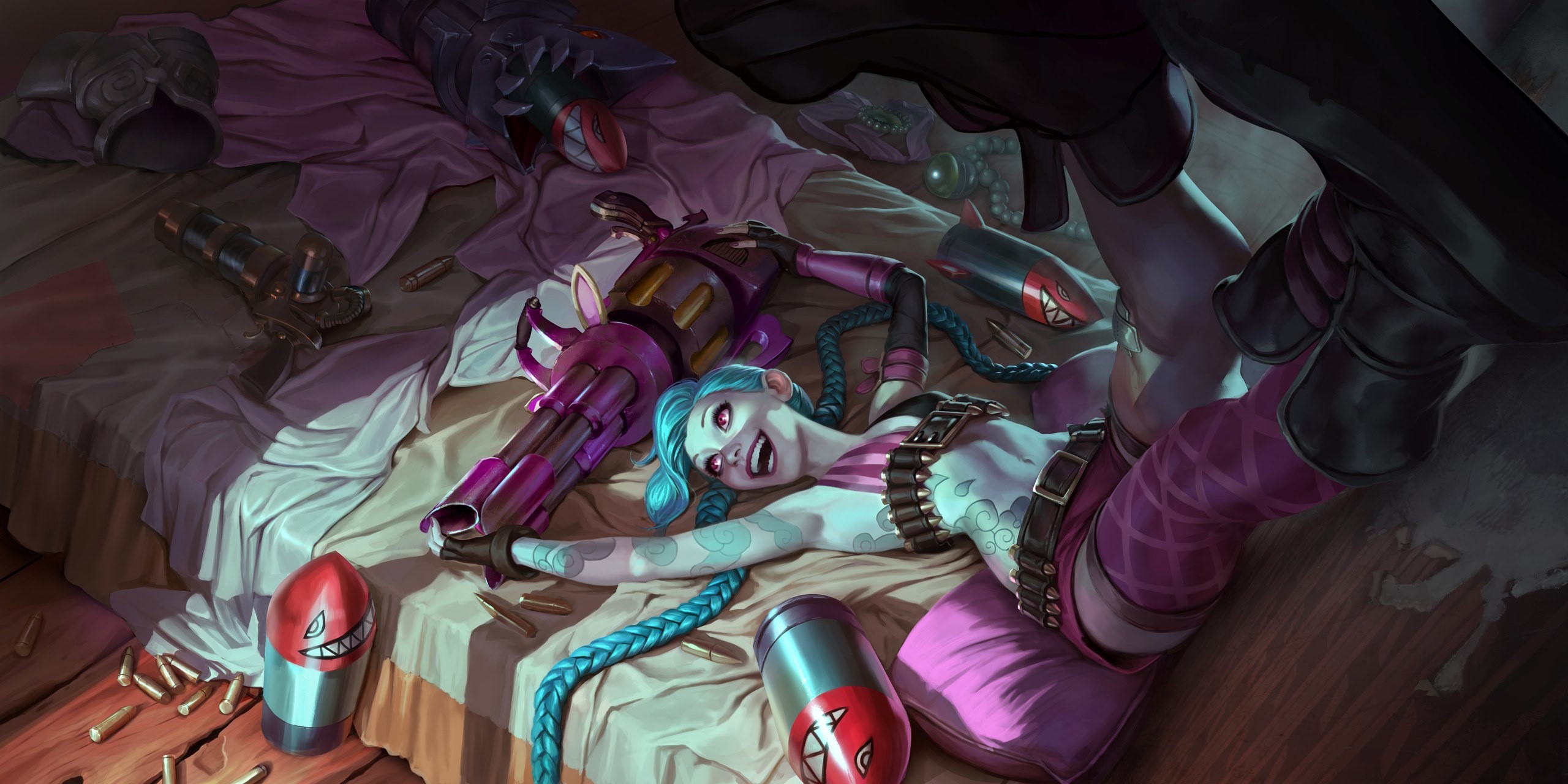 Jinx from League of Legends with weapons HD Wallpaper