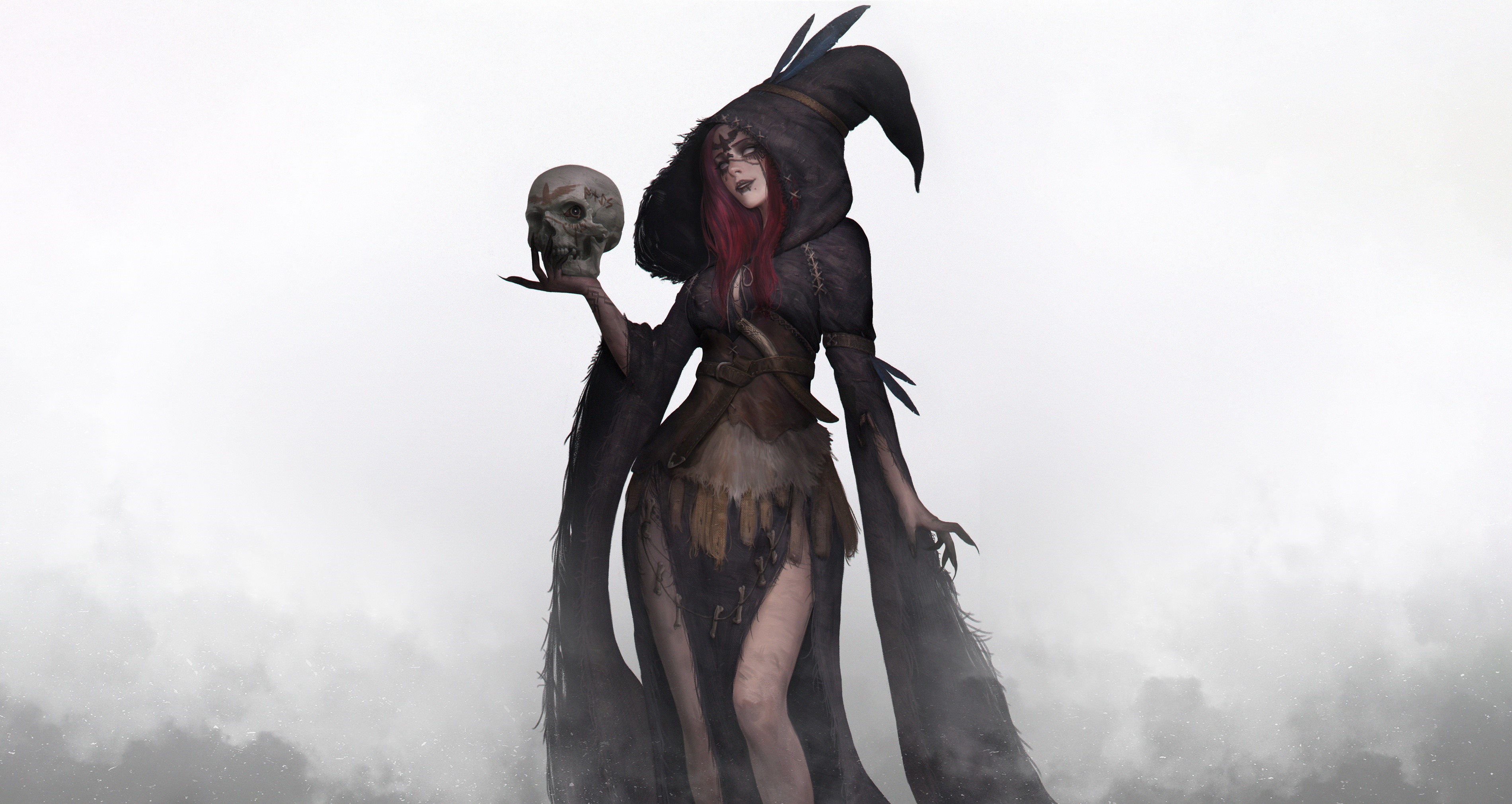 Fantasy art of a witch holding a skull HD Wallpaper